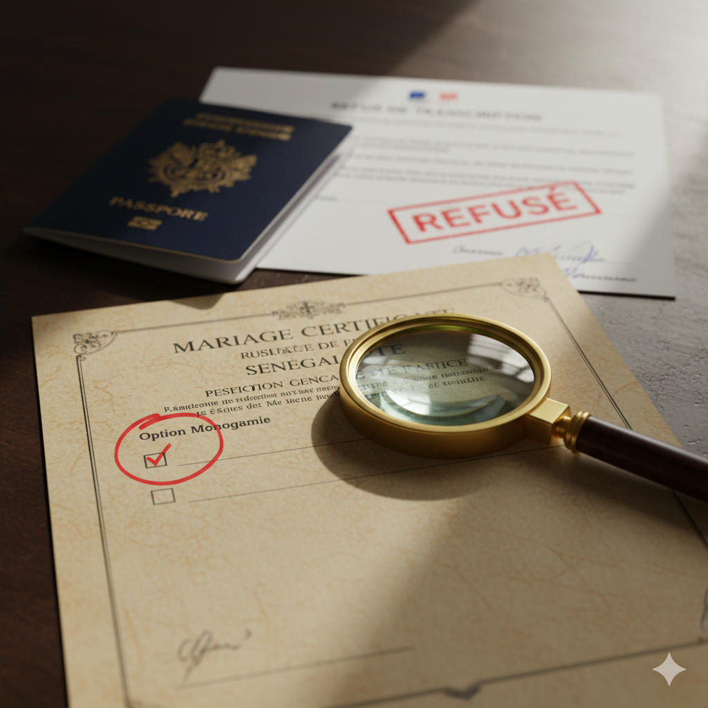 Certificat de mariage avec une loupe, un passeport et une lettre avec un tampon 'REFUSÉ' sur une table en bois.