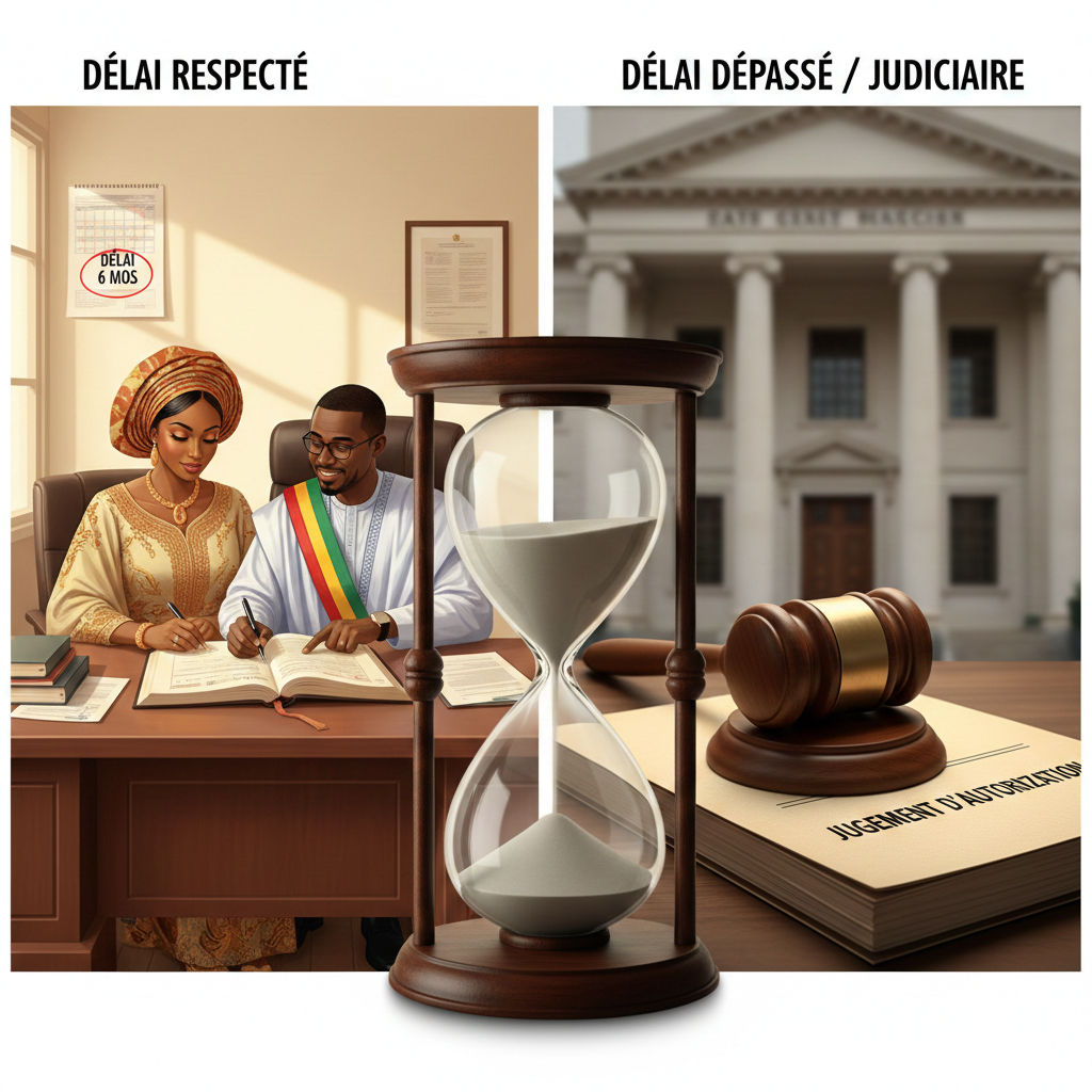 Illustration montrant la différence entre un délai respecté de 6 mois, avec un couple signant des documents, et un délai dépassé ou judiciaire, avec un bâtiment judiciaire, une mouche en dessous d'un livre intitulé 'jugement d'autorisation', une horloge à sablier, tous deux séparés par une ligne verticale.