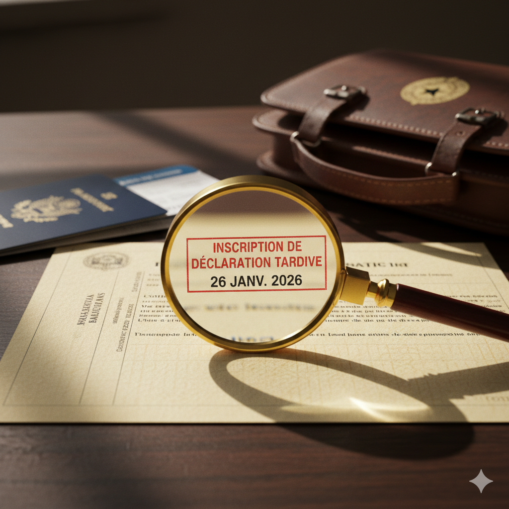 Un document officiel avec une loupe indiquant la date 26 janvier 2026 pour l'inscription tardive à une déclaration. Sur le bureau, il y a également un porte-documents en cuir, un passeport et d'autres papiers.