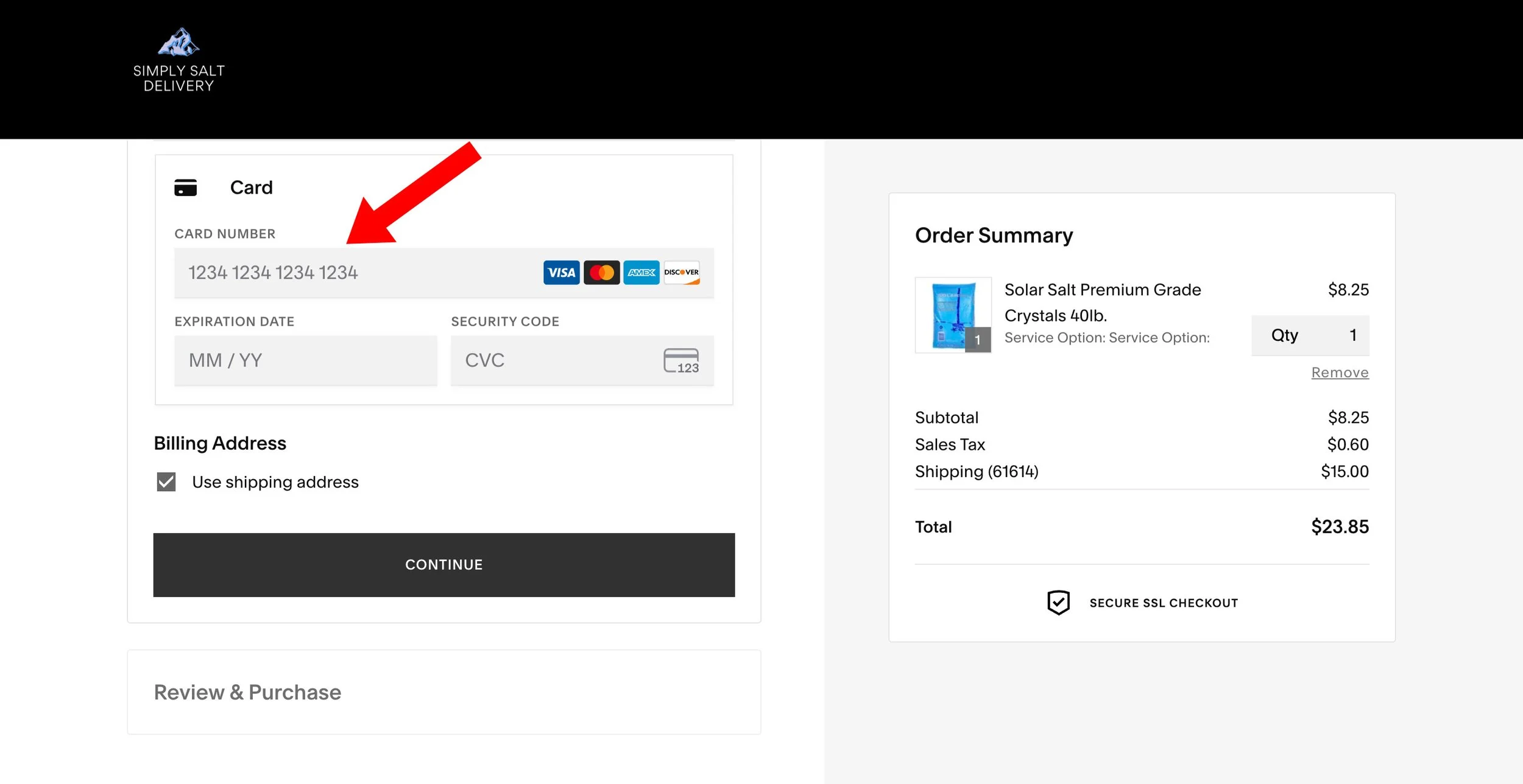 Online checkout page for salt, showing credit card input fields, billing address, order summary with salt crystals, and total price.