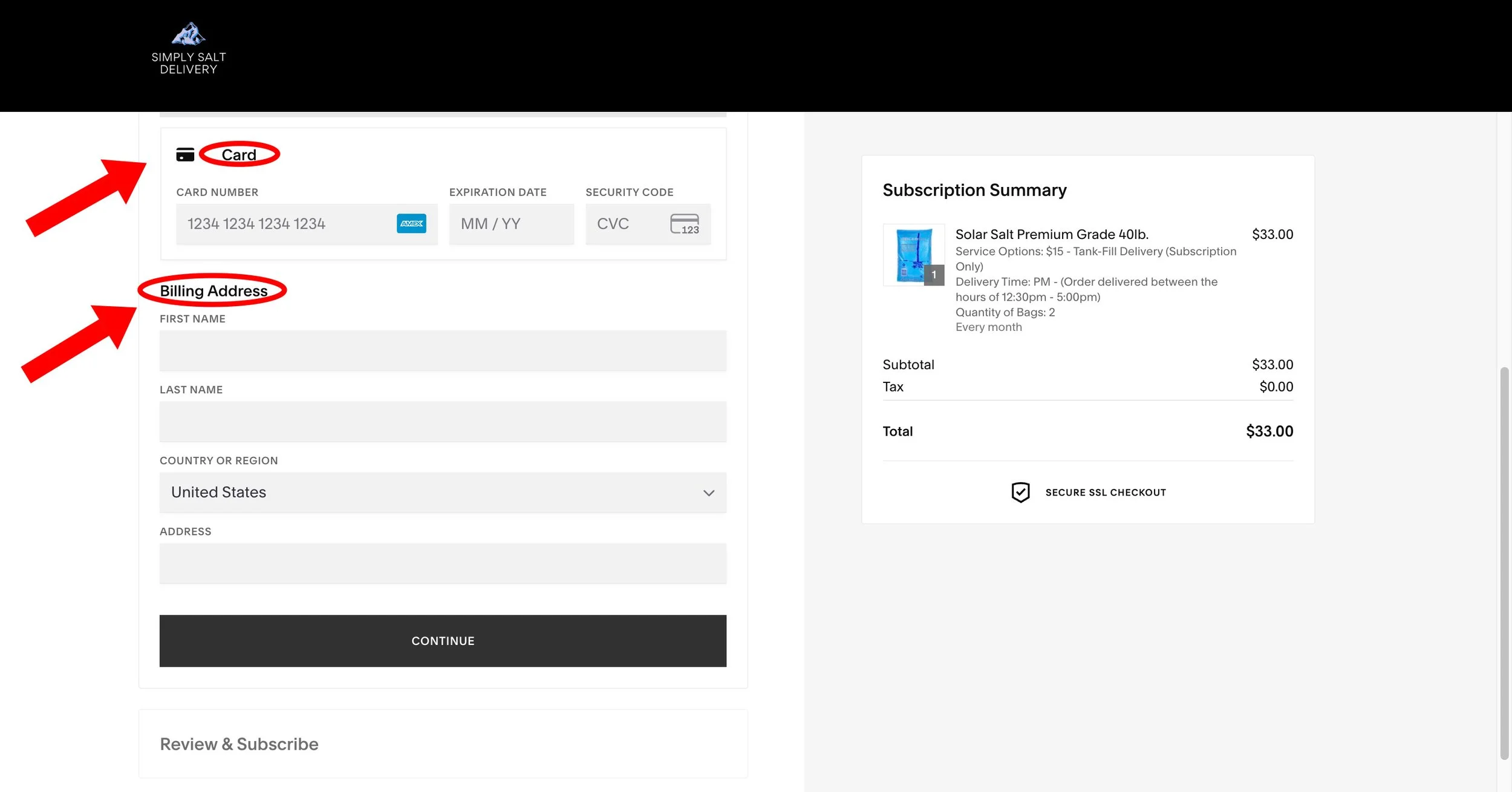 Online checkout page for Simply Salt Delivery, showing form fields for card information and billing address, with a subscription summary for Solar Salt Premium Grade 40lb, priced at $33, on the right side.