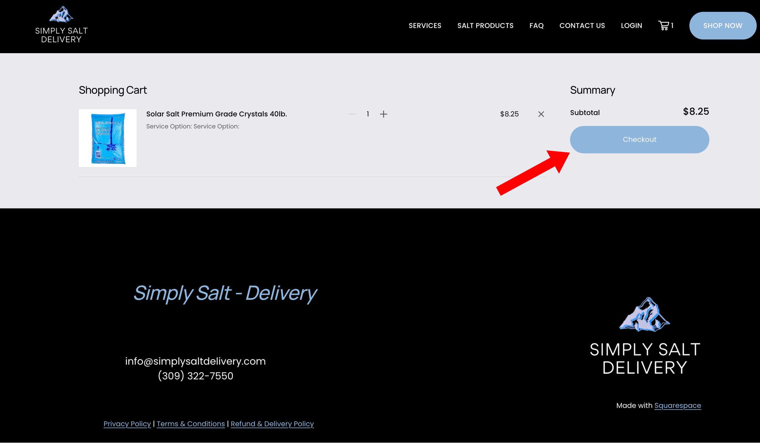 Empty shopping cart page from Simply Salt Delivery website showing one item: Solar Salt Premium Grade Crystals 40lb, with a subtotal of $8.25 and a blue checkout button.