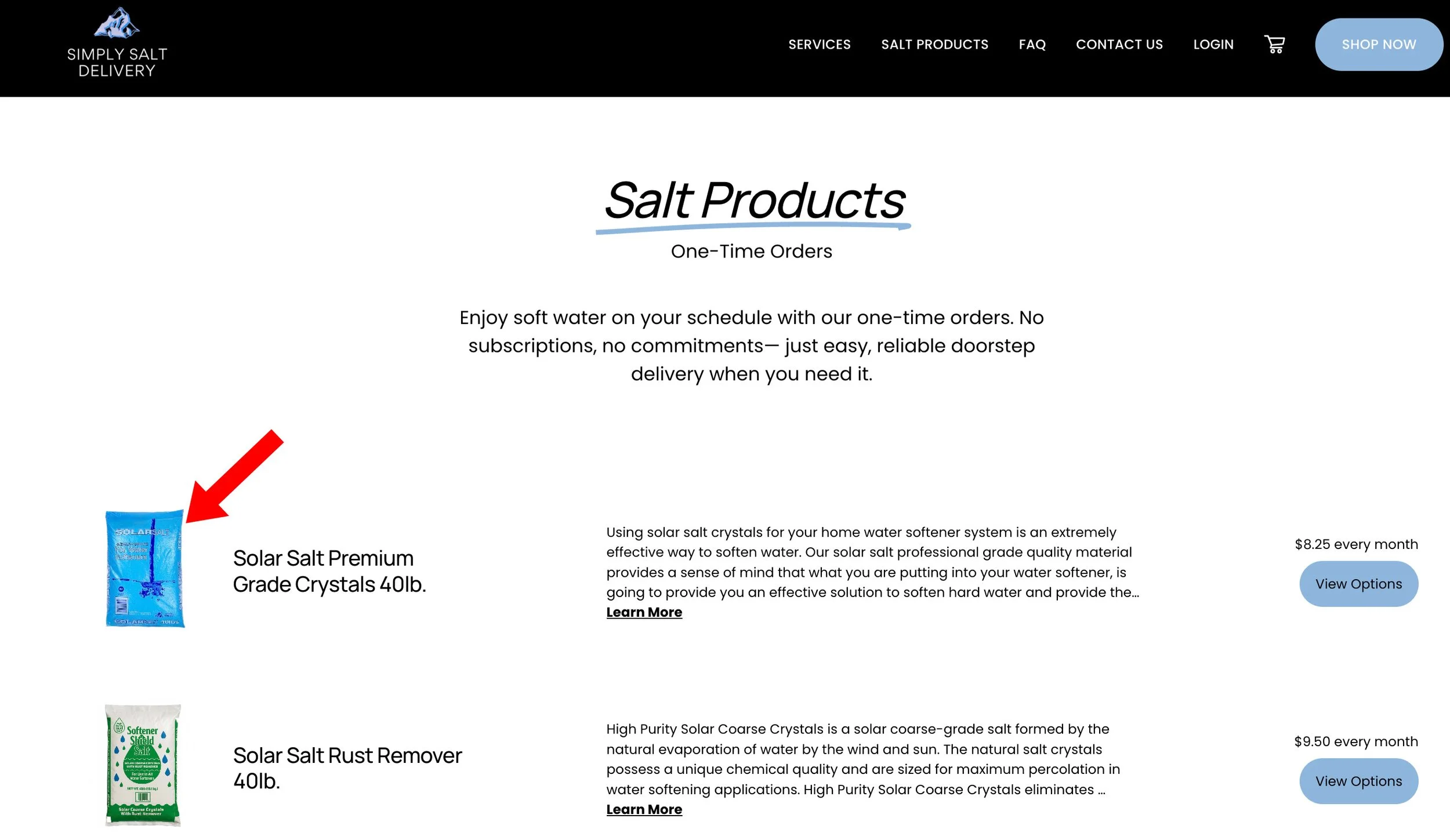 Screenshot of a website homepage for a salt delivery service. The top navigation bar includes links for services, salt products, FAQ, contact us, login, and a shop now button. The main section features the heading 'Salt Products' with a subheading 'One-Time Orders' and a paragraph about their service. Two salt products are partially visible: Solar Salt Premium Grade Crystals 40lb, depicted with a blue bag, priced at $8.25 every month, and Solar Salt Rust Remover 40lb, depicted with a green bag, priced at $9.50 every month, each with a view options button.