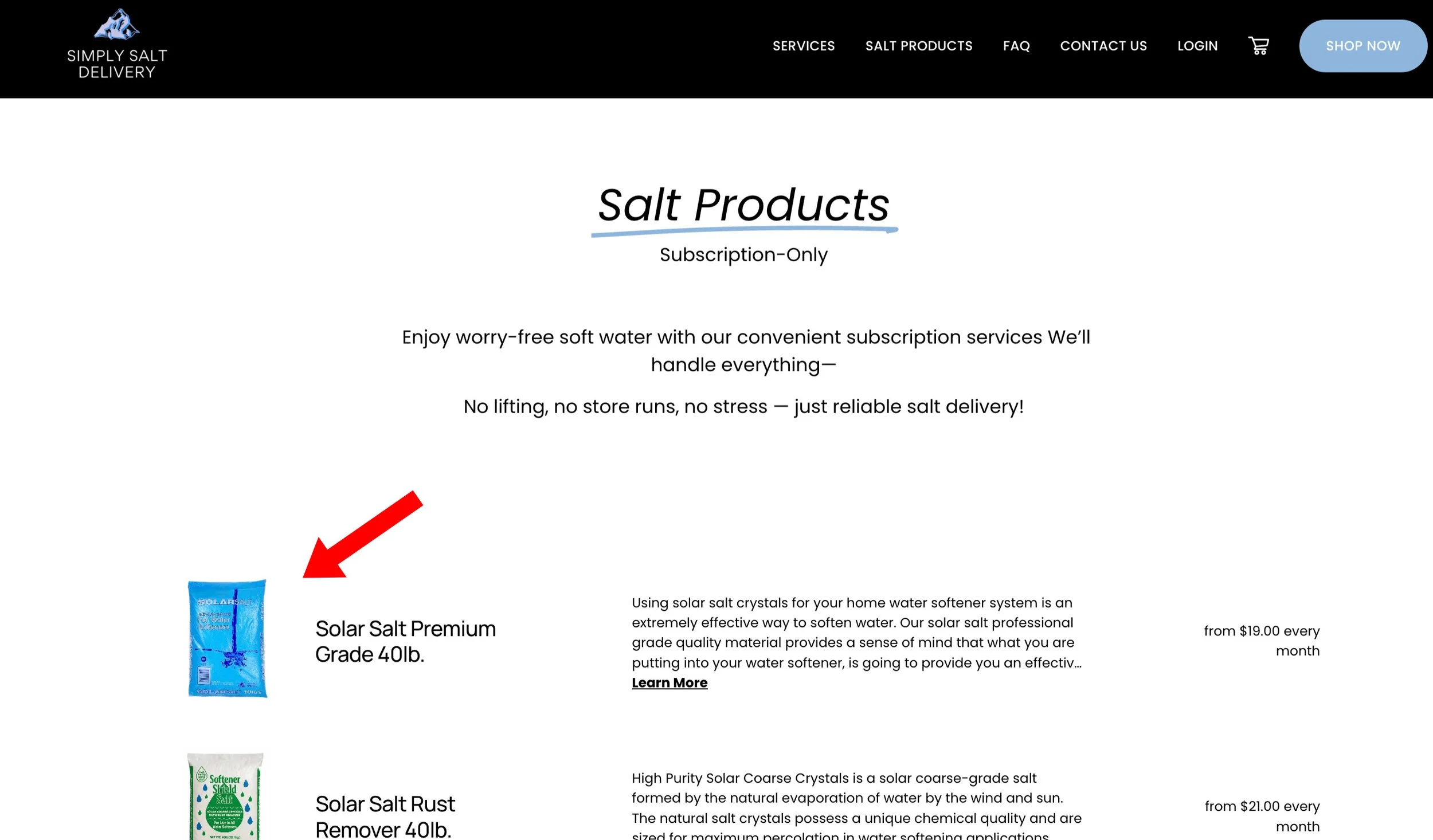 Website homepage for Simply Salt Delivery promoting subscription salt products, featuring a black top navigation menu with links to services, salt products, FAQ, contact, login, and a blue shop now button, a white background with black and blue text, and images of salt product packages including Solar Salt Premium Grade 40lb and Solar Salt Rust Remover 40lb.