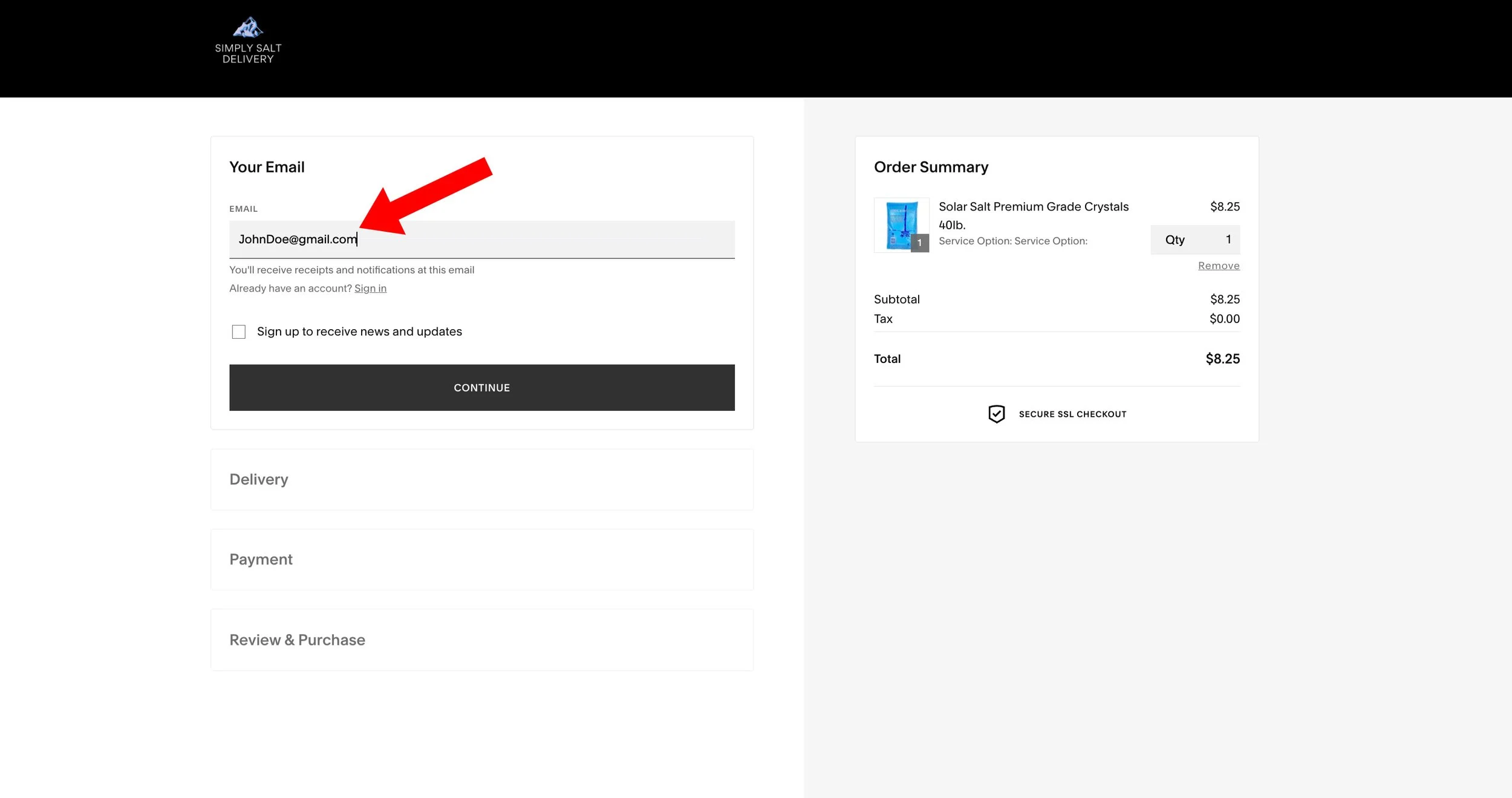 Online checkout page for Simply Salt Delivery, showing email input with 'JohnDoe@gmail.com', order summary for solar salt crystals, and checkout sections for delivery, payment, and review.
