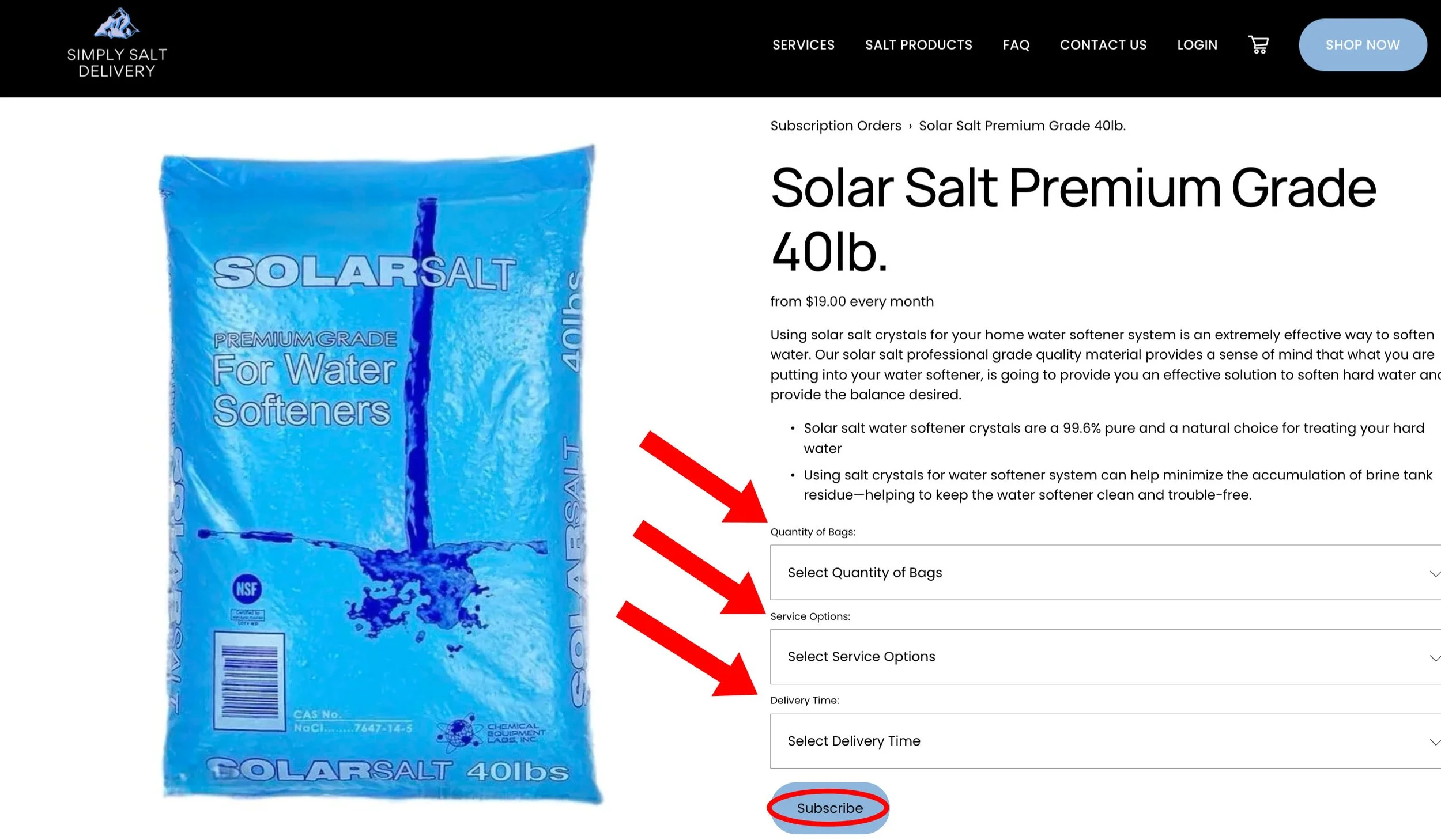Blue bag of Solar Salt Premium Grade 40 pounds with label indicating water softener use, and a website page for purchasing solar salt with options to select quantity, service, delivery time, and a subscribe button.