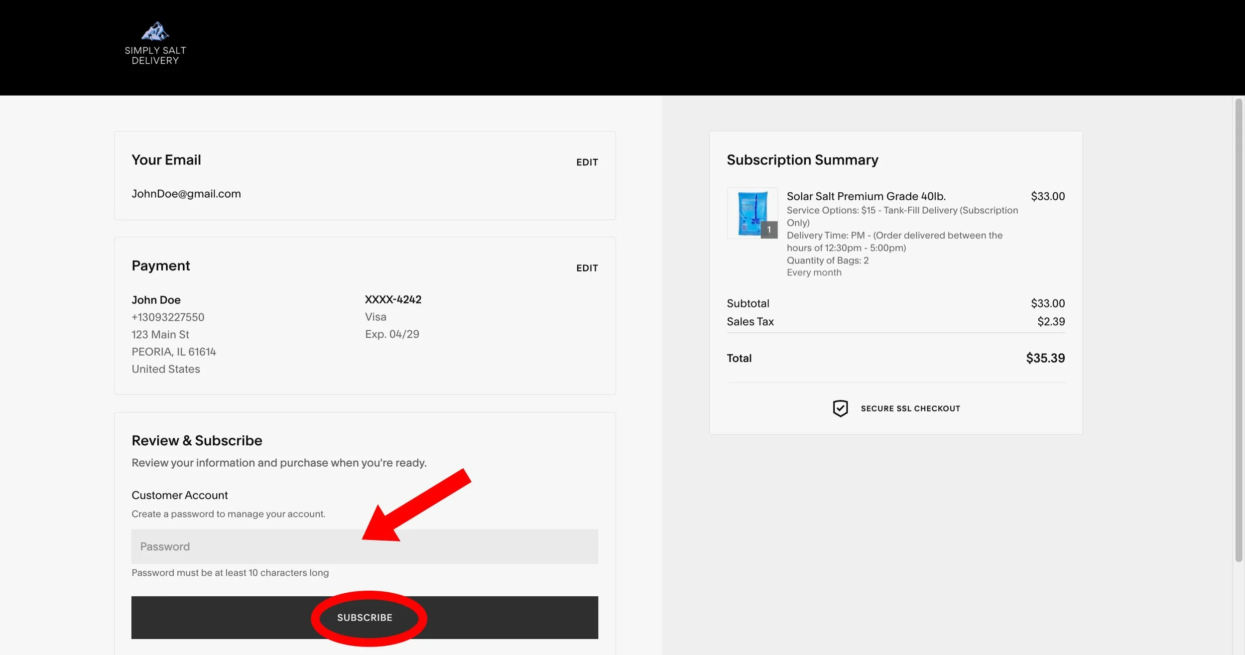 Online order confirmation page for a salt delivery service showing customer information, payment details, subscription summary including product, price, and total, with a red arrow pointing to a password input box and a black subscribe button.