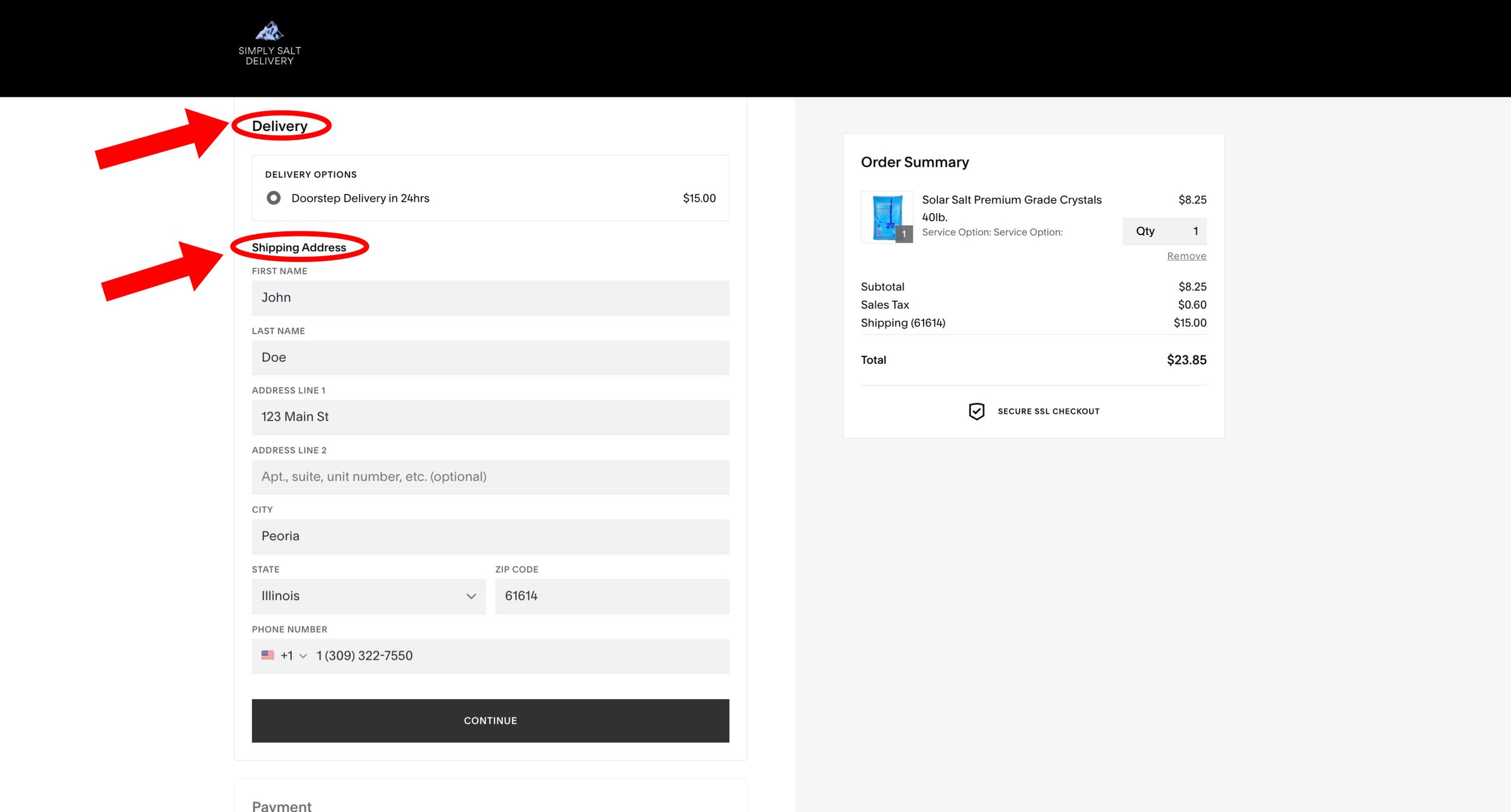 Online checkout page for salt delivery with shipping address form filled out and order summary showing salt crystals purchase.