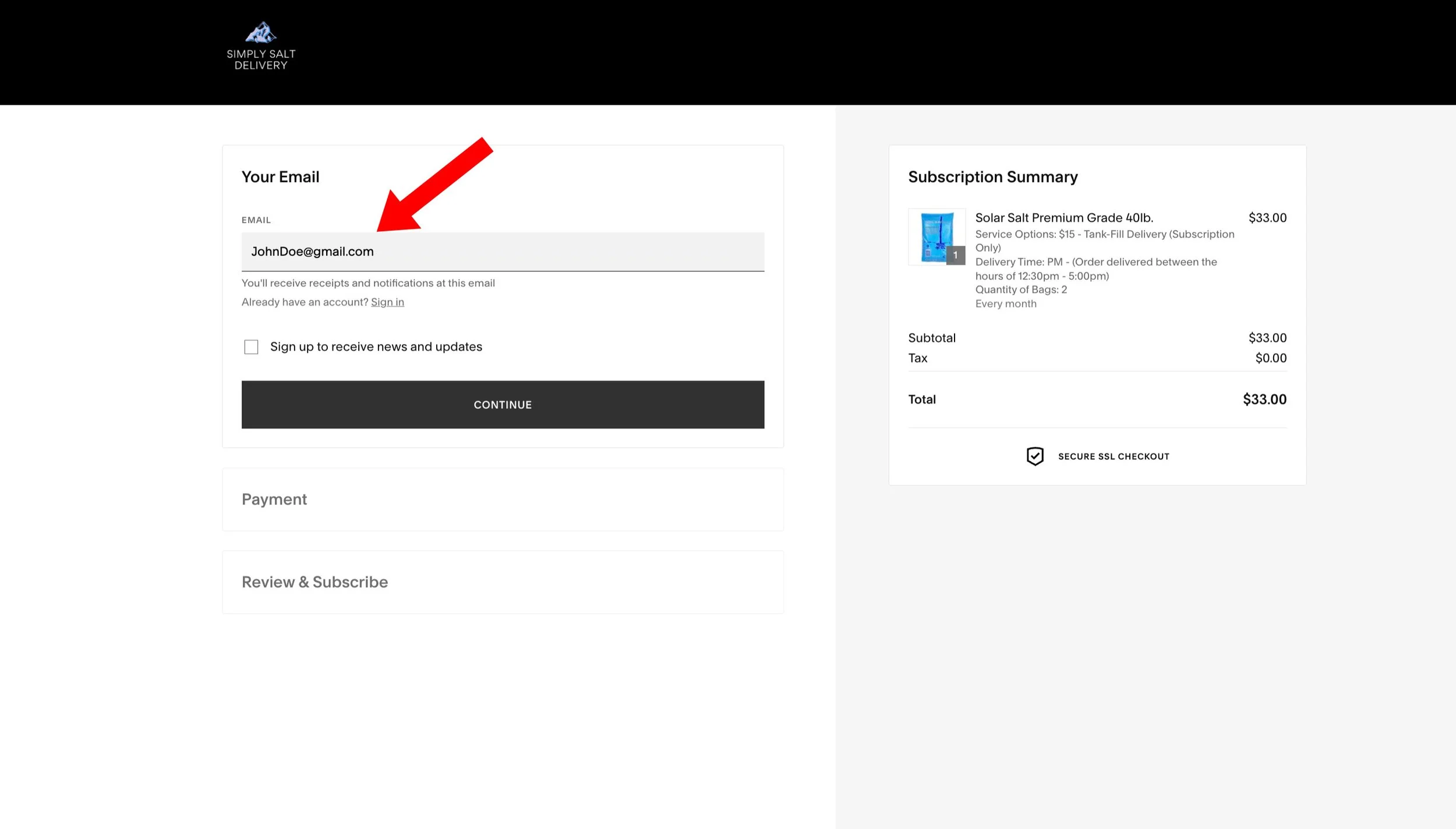 Online checkout page for a salt delivery service showing email input field, subscription summary for Solar Salt Premium Grade 40lb, and a black continue button.
