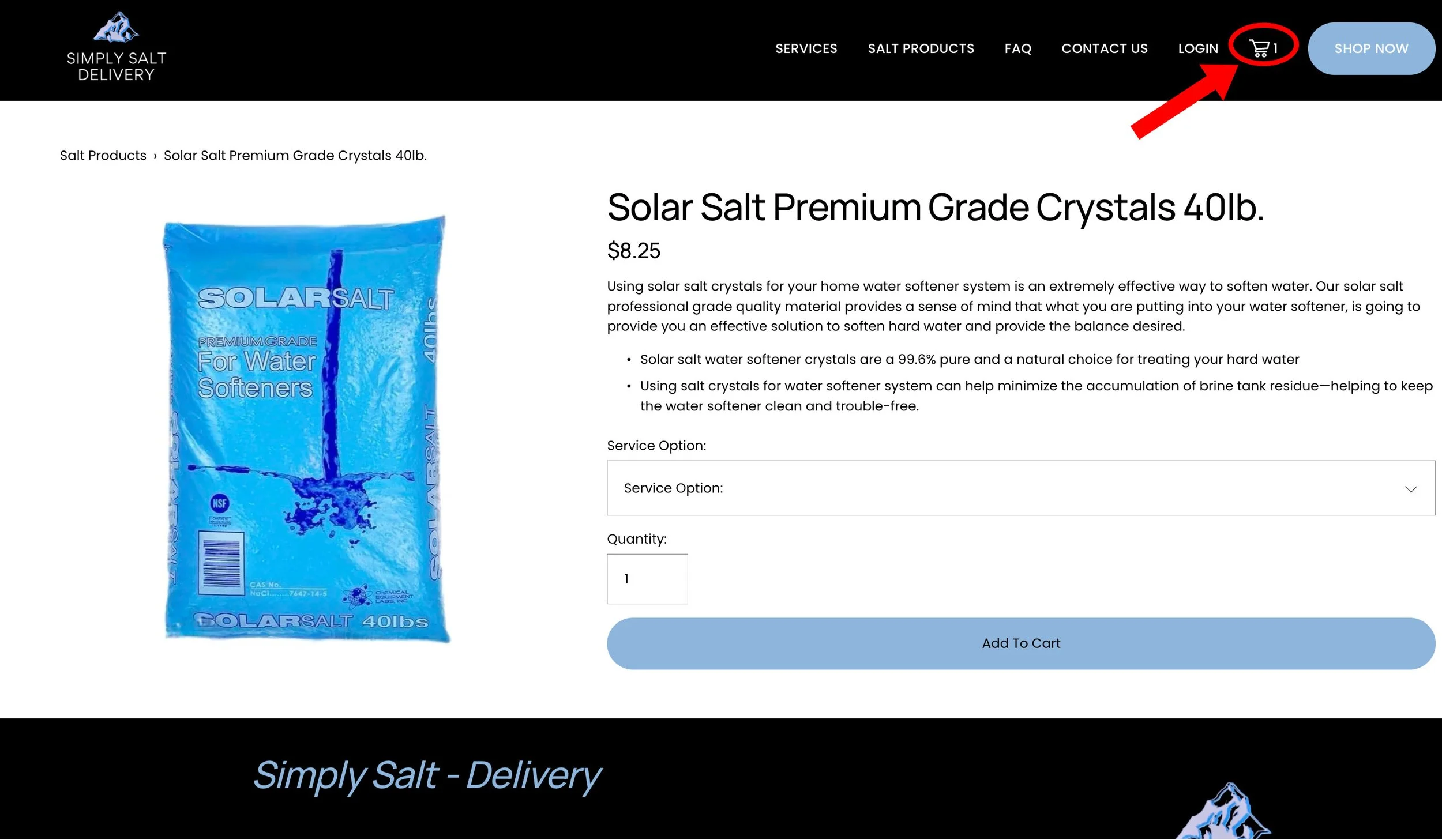 Screenshot of a website product page for Solar Salt Premium Grade Crystals, a 40-pound bag, priced at $8.25. The page includes a product image, description, and ordering options. The website header has navigation links and a shopping cart icon, with a "Shop Now" button.