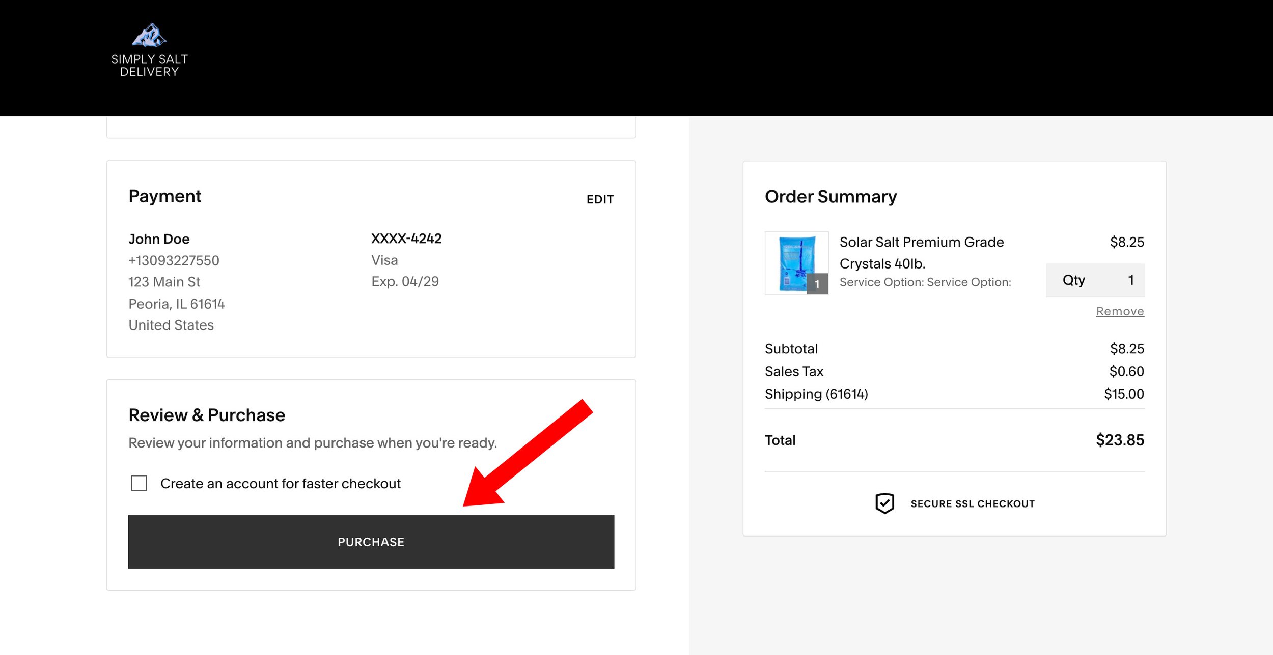 Order checkout page for salt delivery with payment info, order summary including product, quantity, subtotal, tax, shipping, and total. Red arrow pointing to the purchase button.