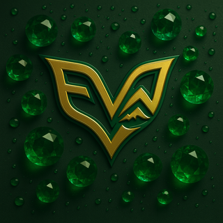 Eryvalen logo in warm gold and emerald core on a and emerald core background surrounded by emeralds.
