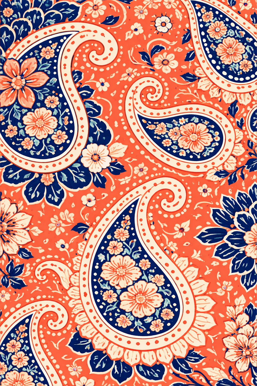 Close-up of a floral paisley pattern with large peach and blue flowers, leaves, and intricate details on an orange background.