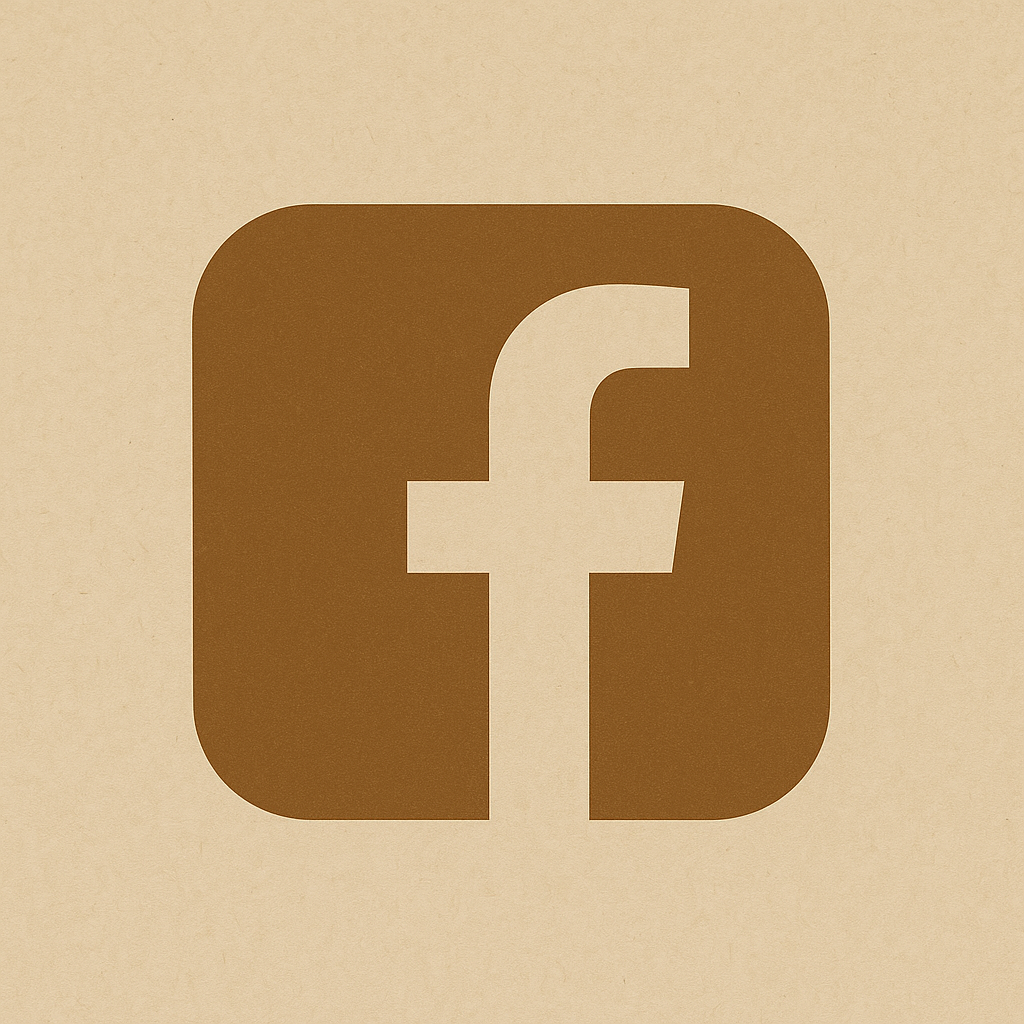 Facebook logo in brown on a beige background.