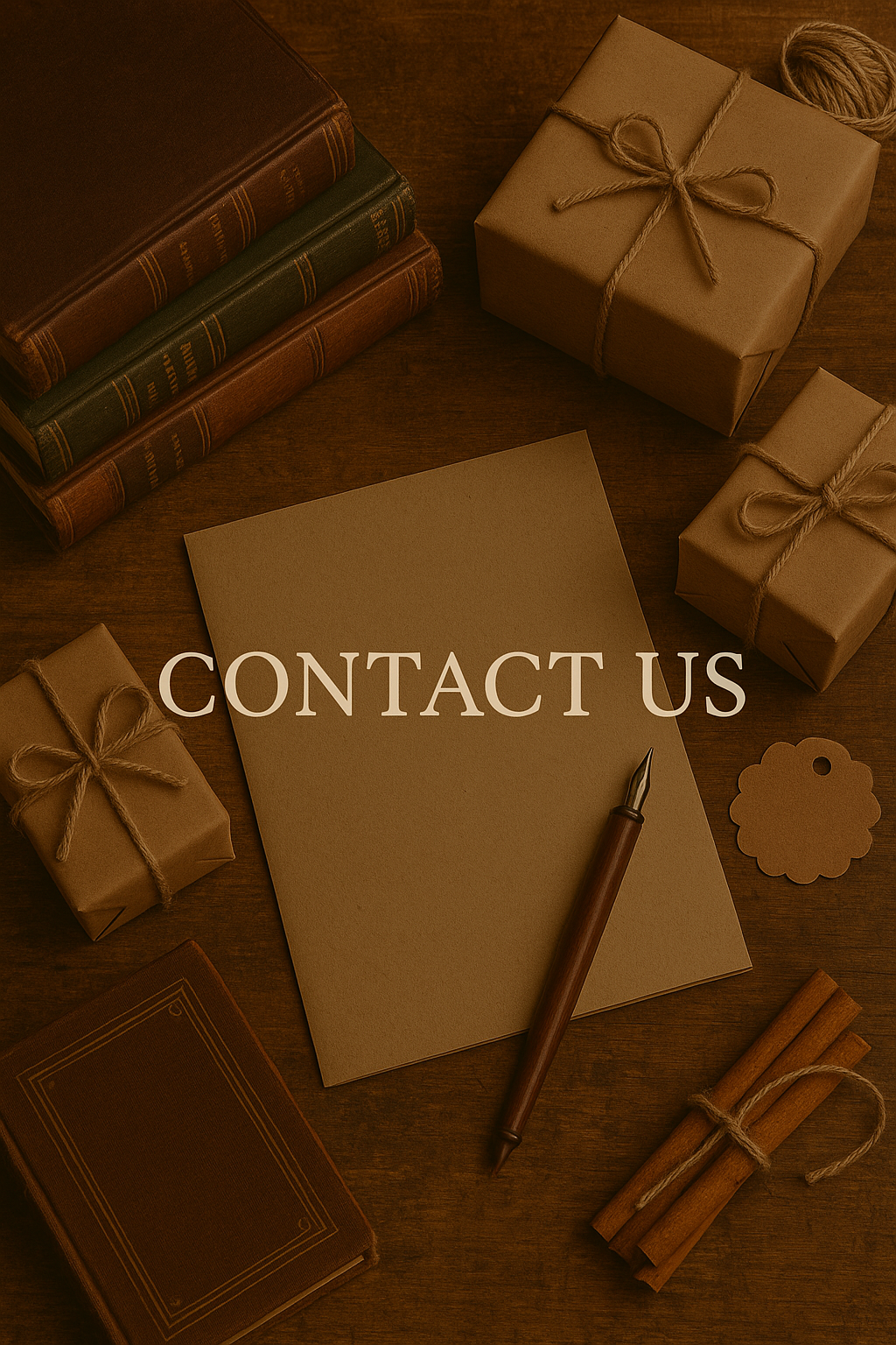Books, wrapped gifts, a blank paper with 'CONTACT US' written on it, a pen, cinnamon sticks, and a blank tag on a wooden table.