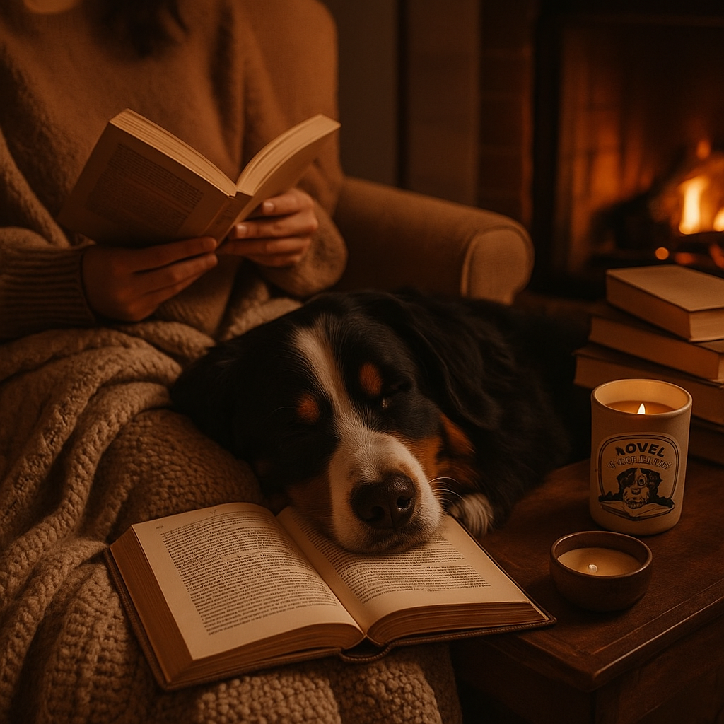 Person reading a book on a cozy couch with a Bernese Mountain Dog sleeping beside them, surrounded by candles and a fireplace in a warm, dimly lit room.