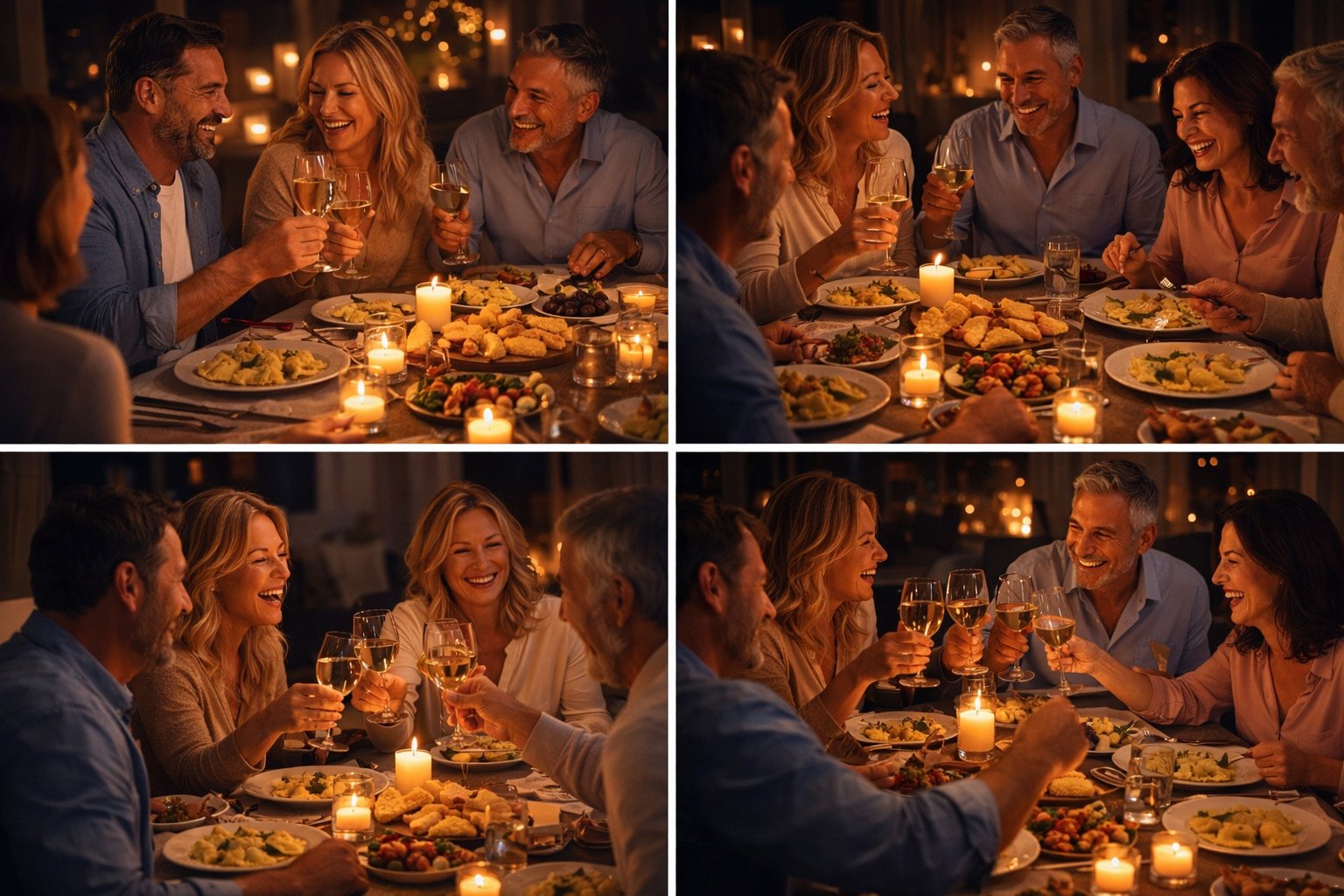 Gente che si diverte mentre beve vino e mangia cibo durante una cena in un ambiente caldo e accogliente con candele accese.