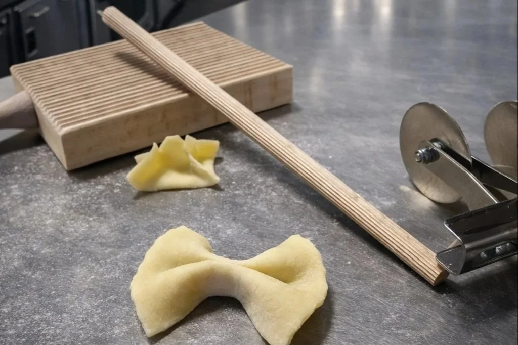 Impastiera di pasta fresca con un tagliapasta, un coltello di legno, pezzetti di pasta e superfici di lavoro con farina.
