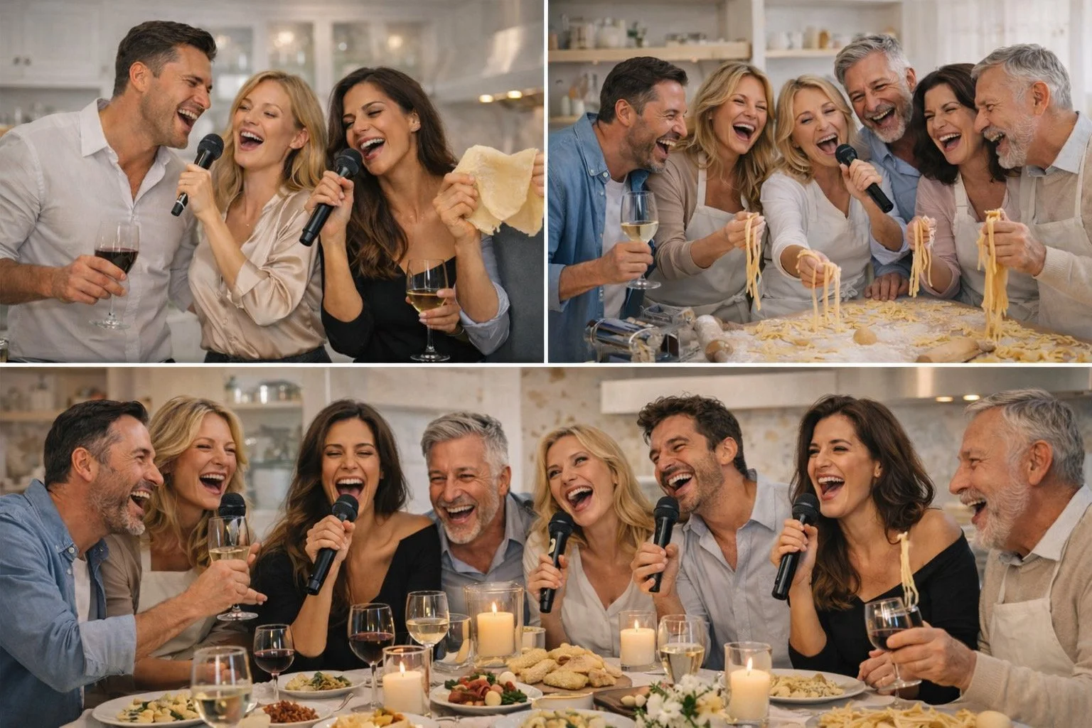 Un gruppo di amici ridendo e cantando durante una cena conviviale, con cibo, vino e candele sul tavolo.