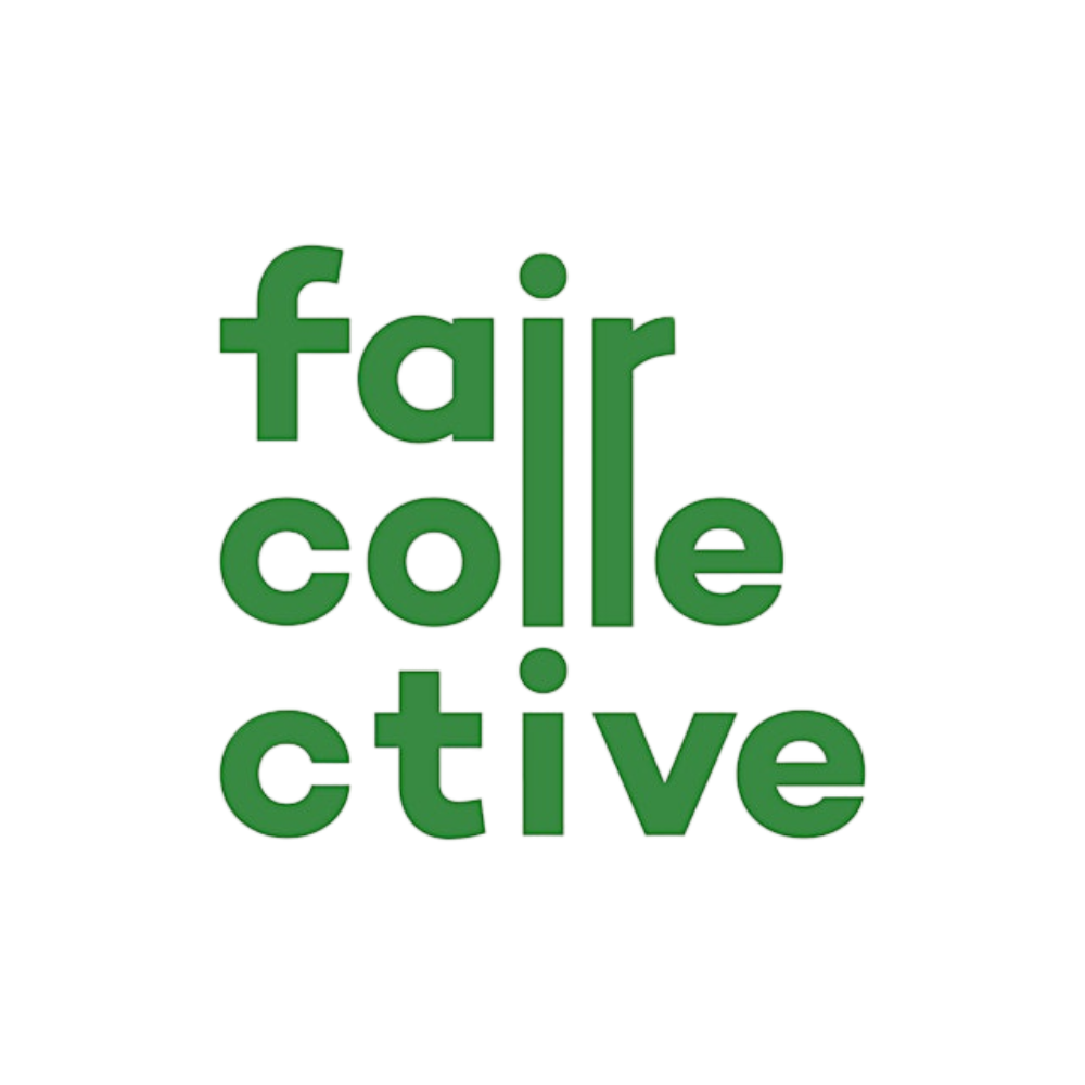 3D green text that reads 'fair collective' against a white background, arranged vertically.