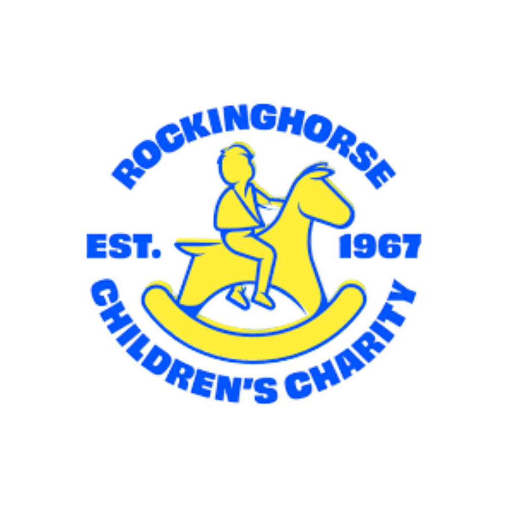 Logo of the Rockinghorse Children's Charity featuring a yellow childlike figure riding a horse on a rocking horse, with the text 'Rockinghorse' and 'children's charity in blue.