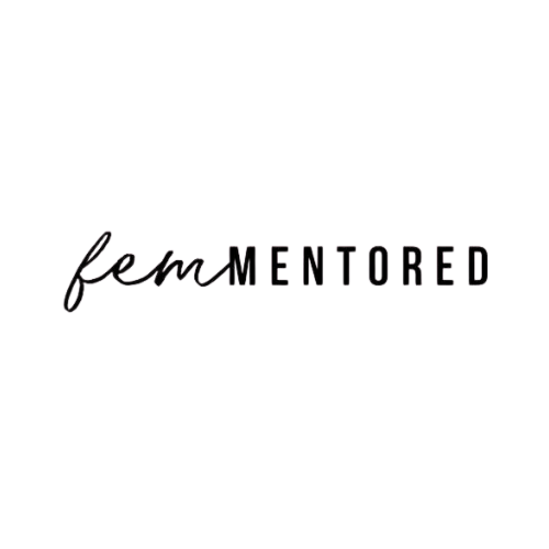 The image contains the words "fem" in cursive and "MENTORED" in uppercase, with a dark background.