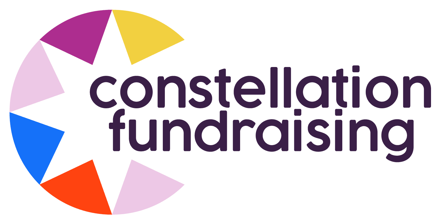 Colorful circular design with the words "constellation fundraising" in purple text inside the circle.