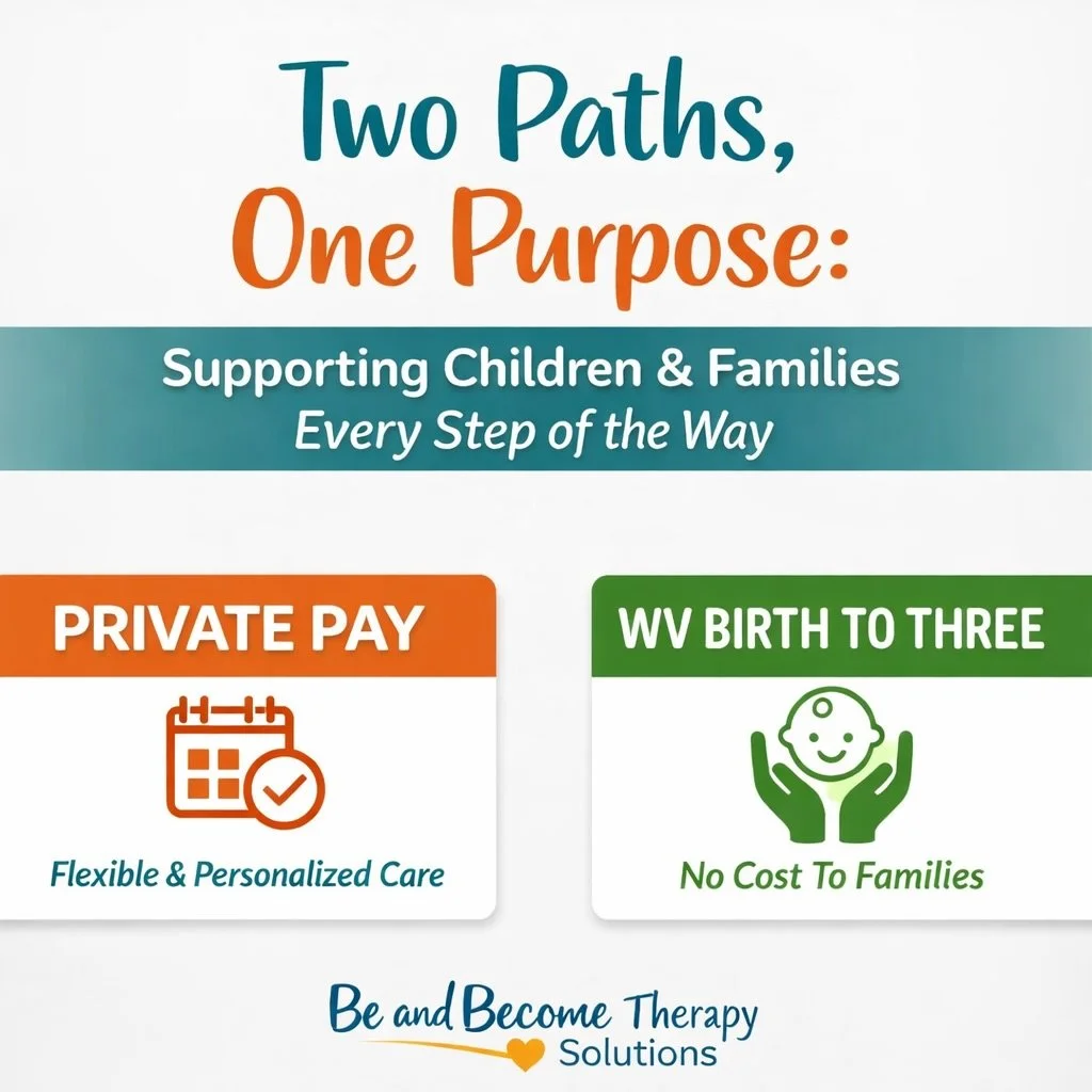 At Be and Become Therapy Solutions, we believe children thrive when therapy fits real life.

We offer pediatric therapy that feels personal, practical, and supportive not rushed or one size fits all.

Why private pay
Because it allows us to focus on 
