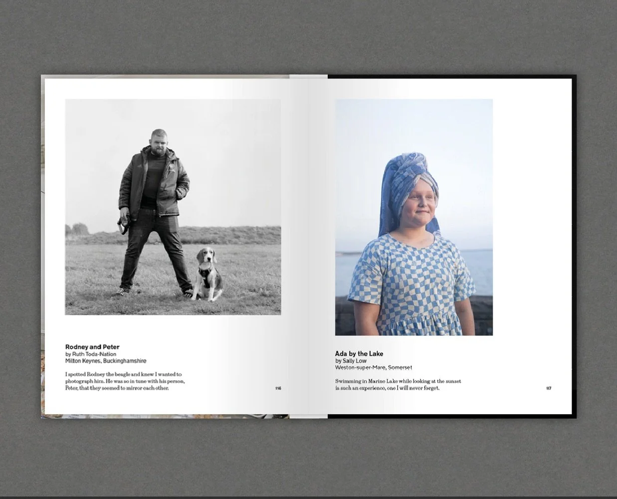 Open photo book with two photographs. The left page shows a black-and-white photo of a man with a dog in a field, titled "Rodney and Peter". The right page shows a color photo of a young girl with a towel wrapped around her head, titled "Ada by the L