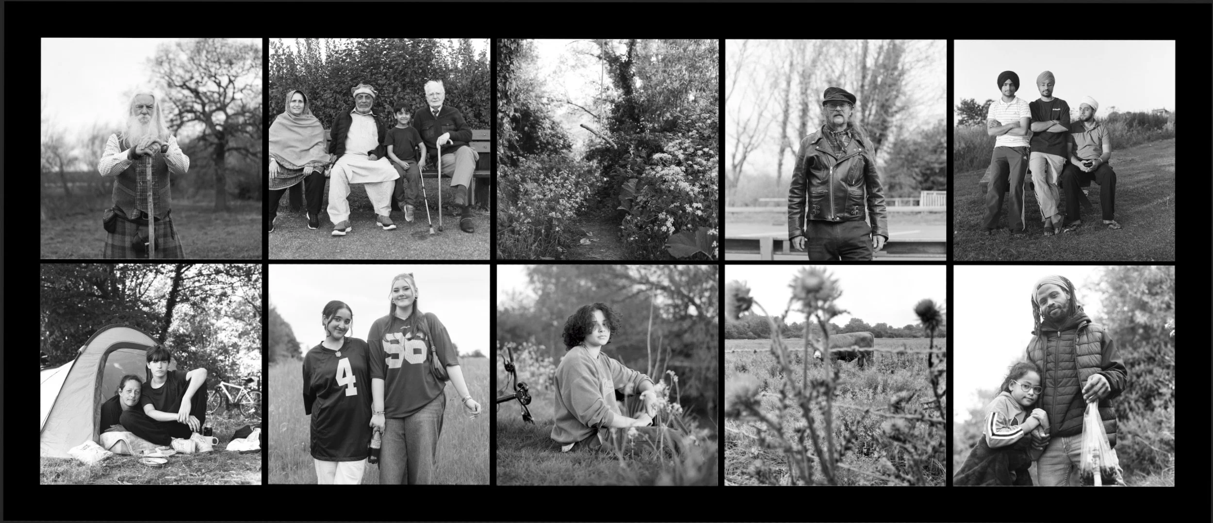 A collage of black-and-white photographs featuring diverse groups of people outdoors, including children, adults, and seniors engaged in activities such as sitting, standing, and relaxing in nature.