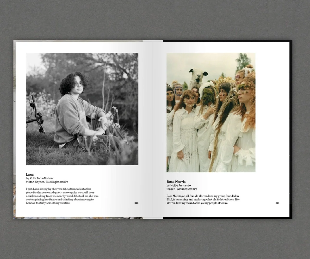 Open book showing two pages: the left page has a black-and-white photo of a young woman sitting outside near water; the right page displays a color photo of a group of women dressed in white, with some wearing animal masks and headdresses, at an outd