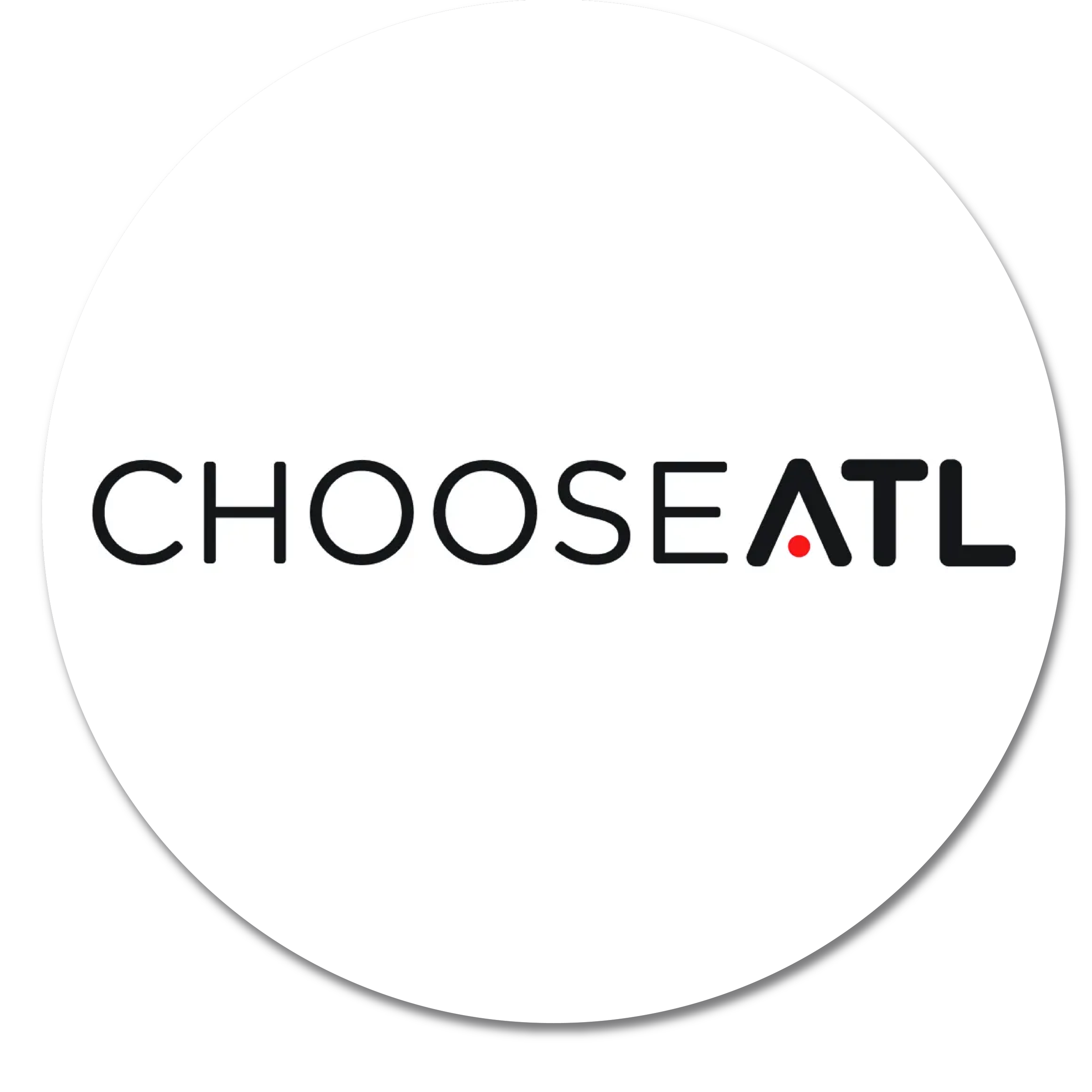 The text 'CHOOSEATL' in black font with a red dot below the letter A, on a white circular background.