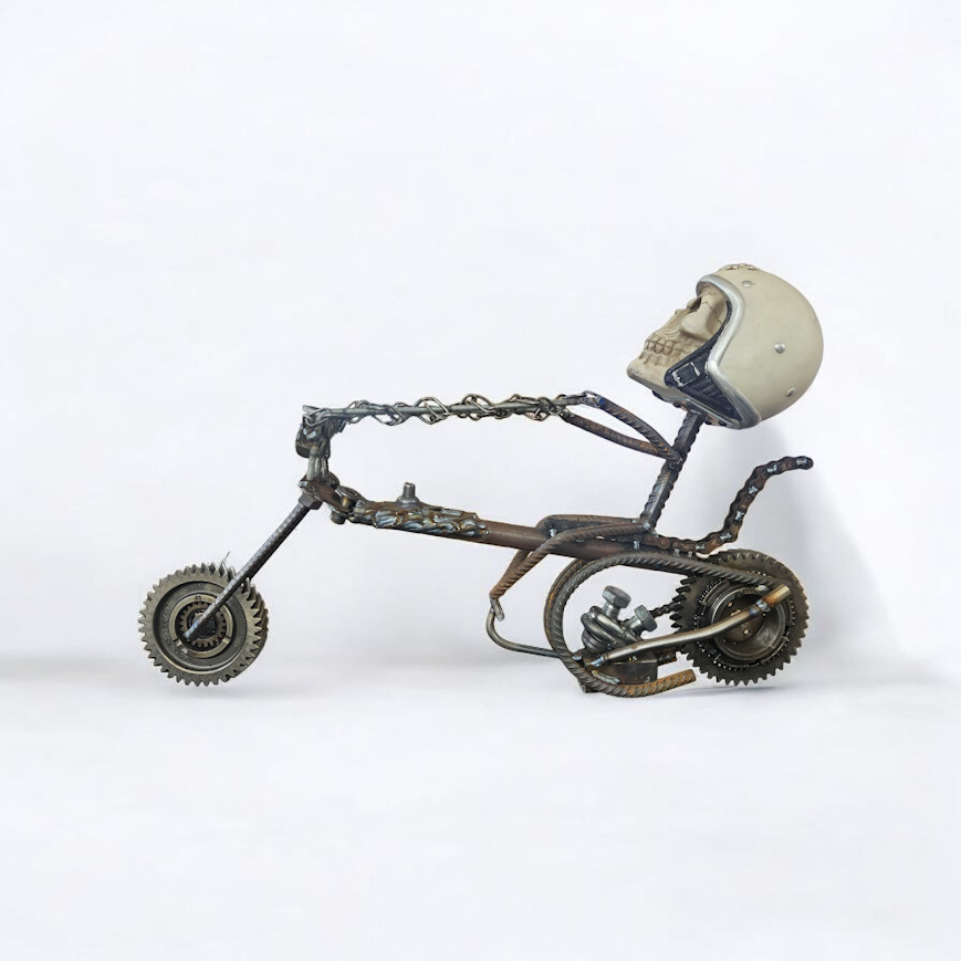 one off scrap metal biker sculpture