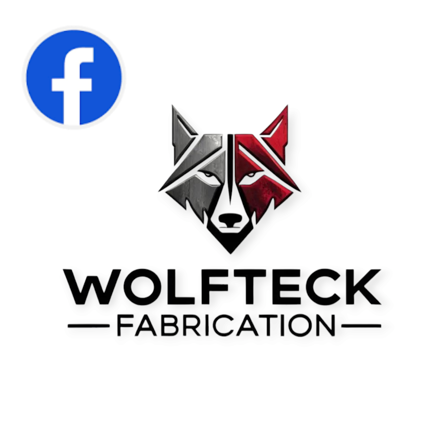Logo of Wolftek Fabrication with a stylized wolf's face and a Facebook icon in the top left corner.