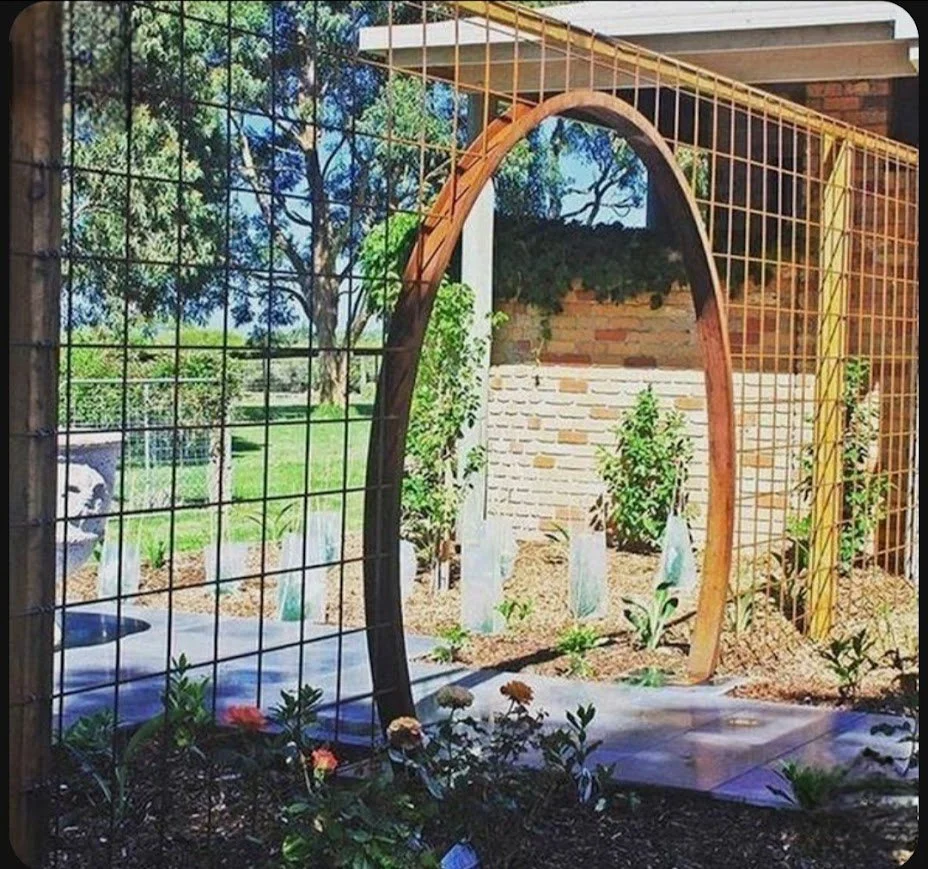 A garden with a decorative wooden arch and a wire fence. There are green plants, flowers, trees in the background, and a brick wall.