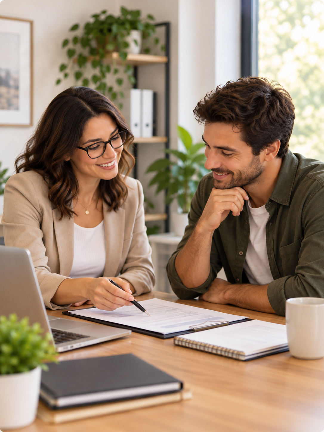 Deux personnes discutent dans un bureau, une femme avec des lunettes et un homme avec des cheveux ondulés, assis à une table de travail avec des documents, un ordinateur portable, des cahiers et une tasse, dans un environnement lumineux avec des plantes en arrière-plan.