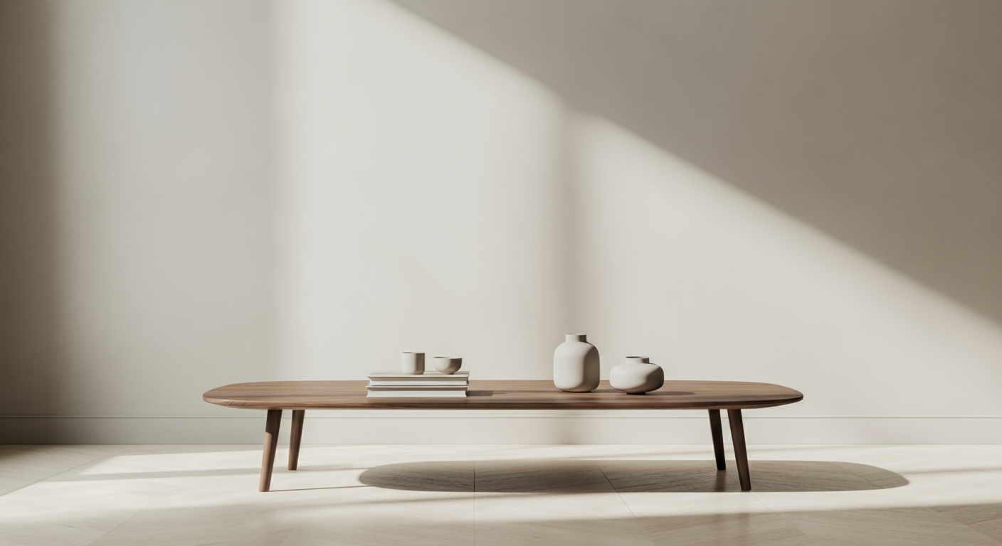 A minimalist low wooden coffee table with three beige vases and a small stack of white books on a light-colored floor, with sunlight casting shadows on a plain white wall.