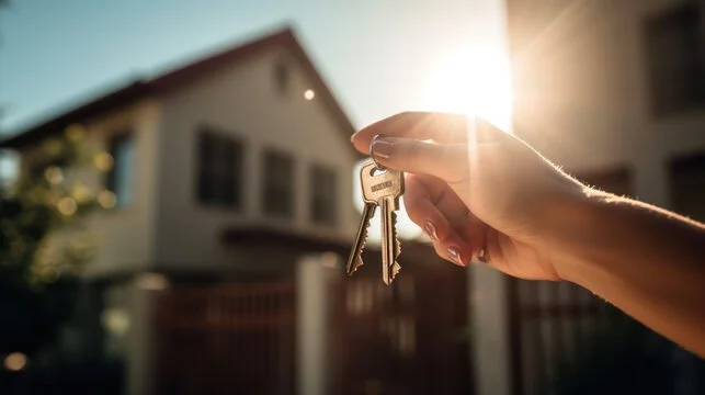 Hand holding a set of house keys outdoors with a house in the background during sunset.