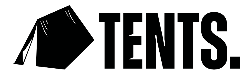 A graphic showing a black tent icon next to the word TENTS in bold black letters.