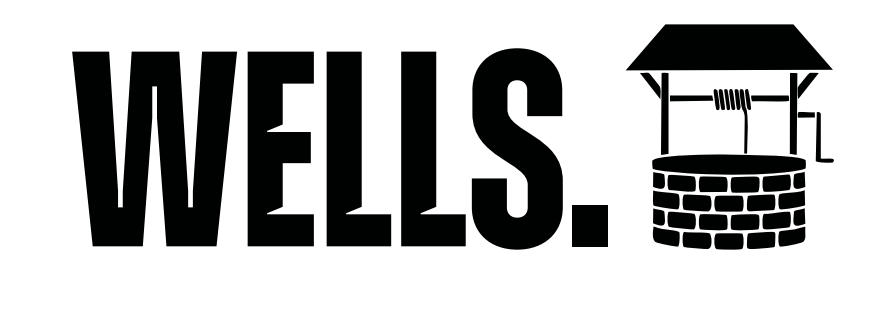 Text 'WELLS' next to an illustration of a water well with a roof, pulley, and bucket.