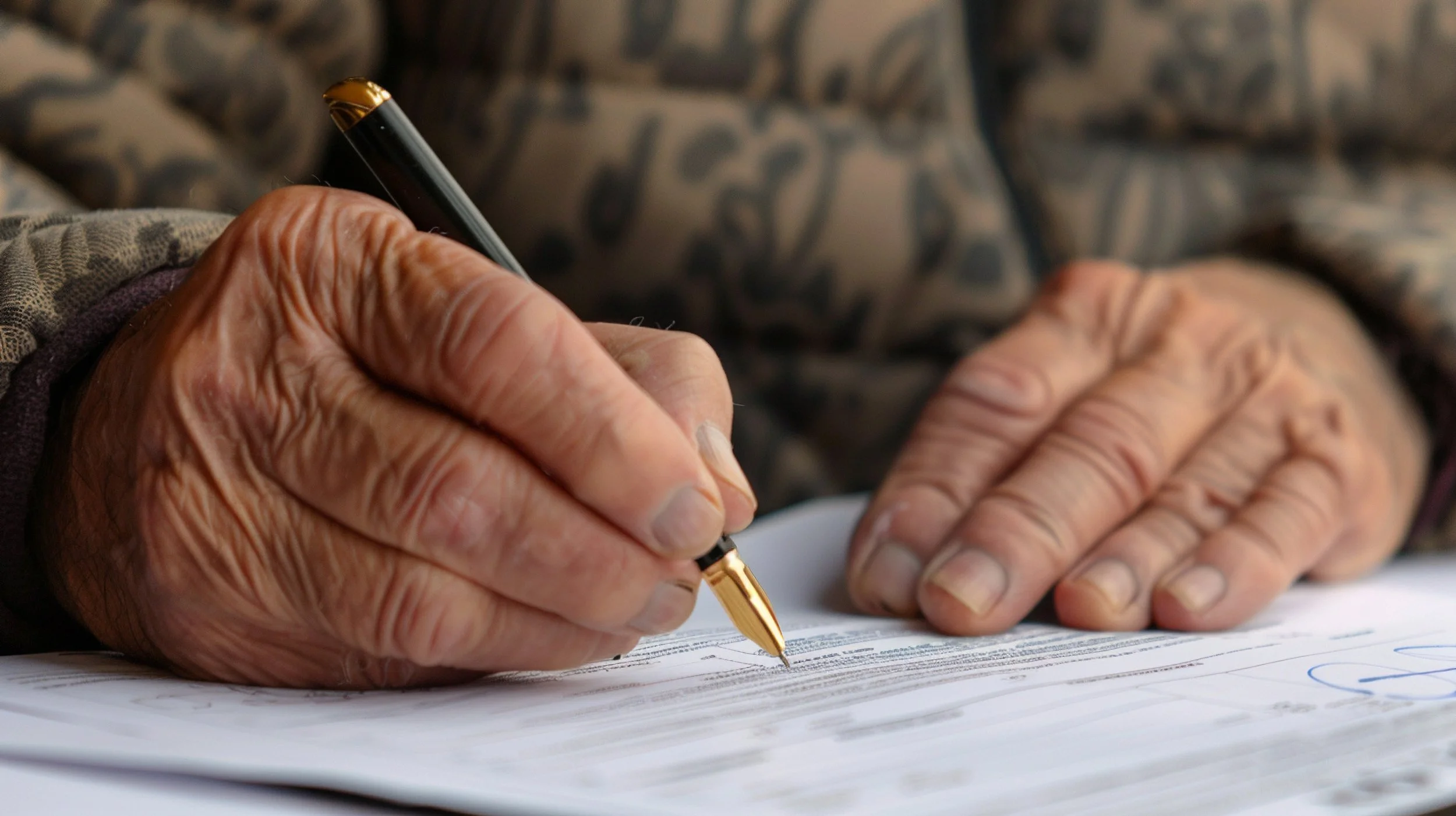 Close-up of an elderly person's hands with wrinkled skin, holding a black and gold pen and signing a document on a white piece of paper.