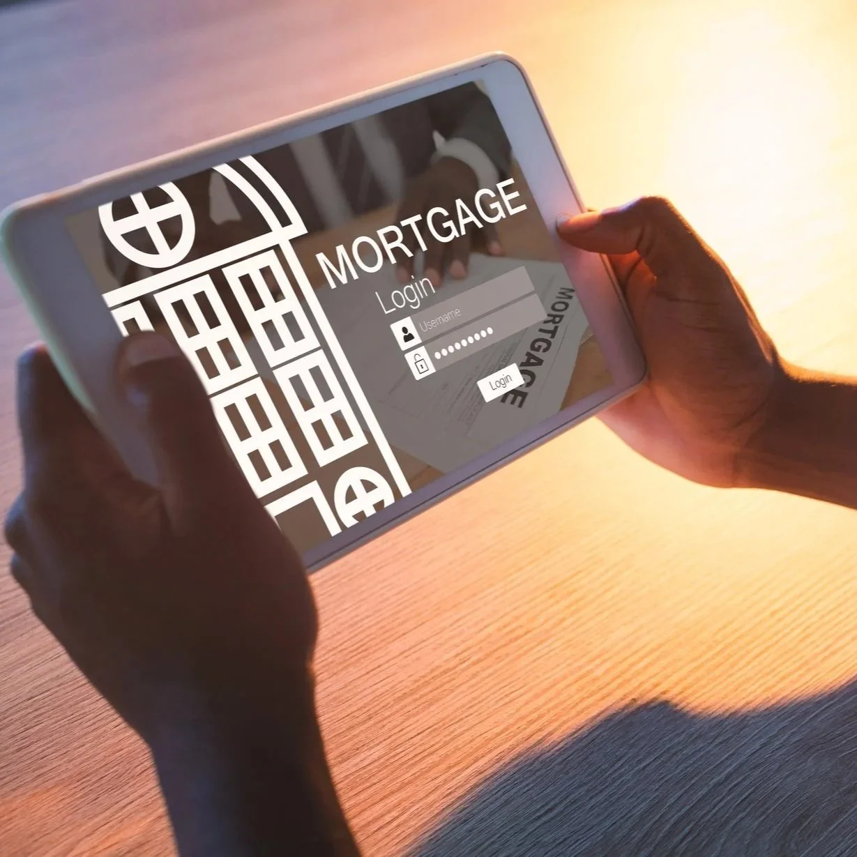 Person holding a smartphone displaying a mortgage login screen with a background of dollar symbols and office imagery.