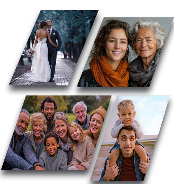 A collage of four photos: a wedding couple walking outdoors, a young woman with an elderly woman smiling, a diverse group of family members smiling together, and a man carrying a young boy on his shoulders outdoors.