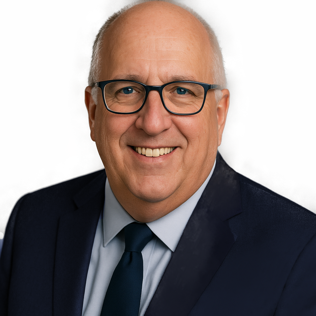 A middle-aged man with glasses smiling, wearing a dark suit, light blue shirt, and blue tie, against a plain white background.