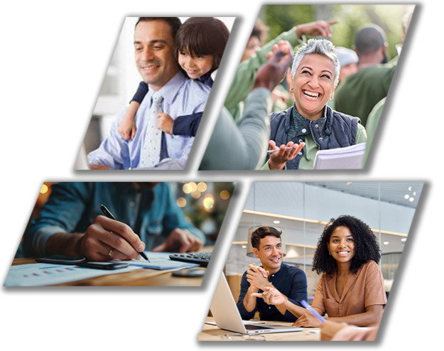Collage of four images: a man with a child, an older woman smiling at a gathering, a person writing at a desk, and two young adults at a laptop in an office.