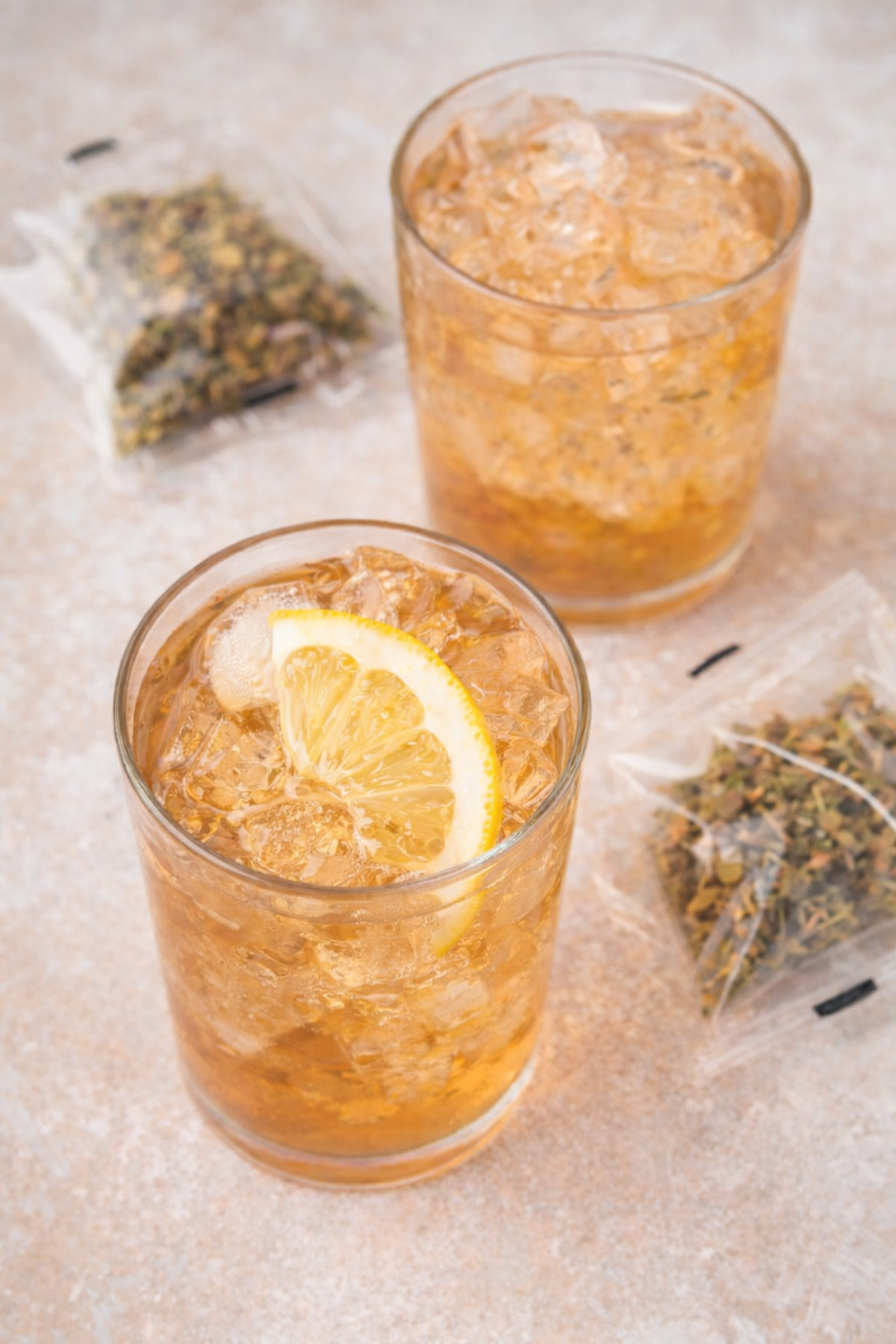 Two glasses of iced tea with lemon slices, with tea bags and tea leaves on a light-colored surface.