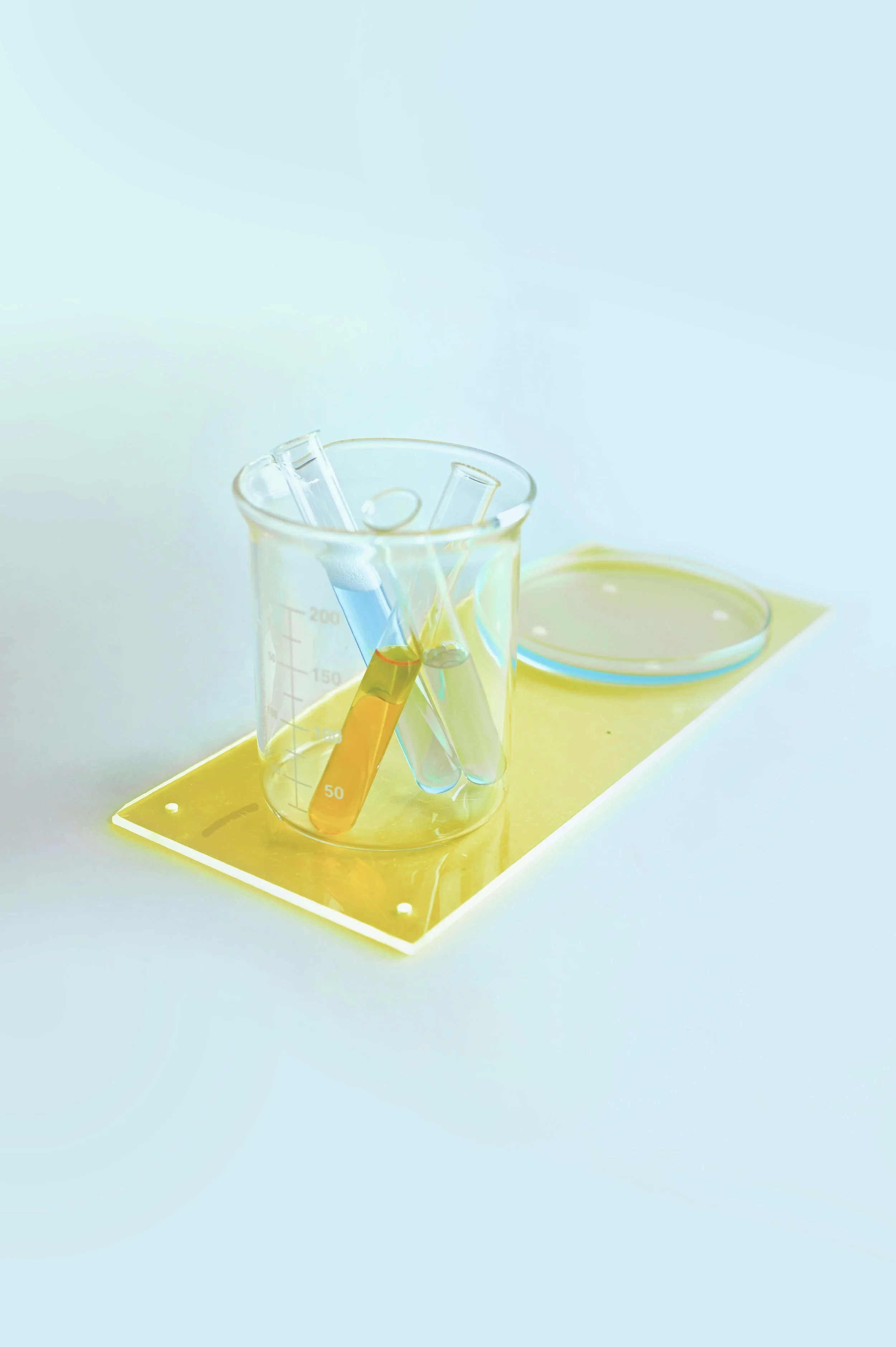 Test tubes with liquids in a beaker placed on a yellow tray with a petri dish.