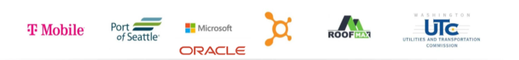 Logos of T Mobile, Port of Seattle, Microsoft, Oracle, Ubuntu, Roof Max, and Washington Utilities and Transportation Commission
