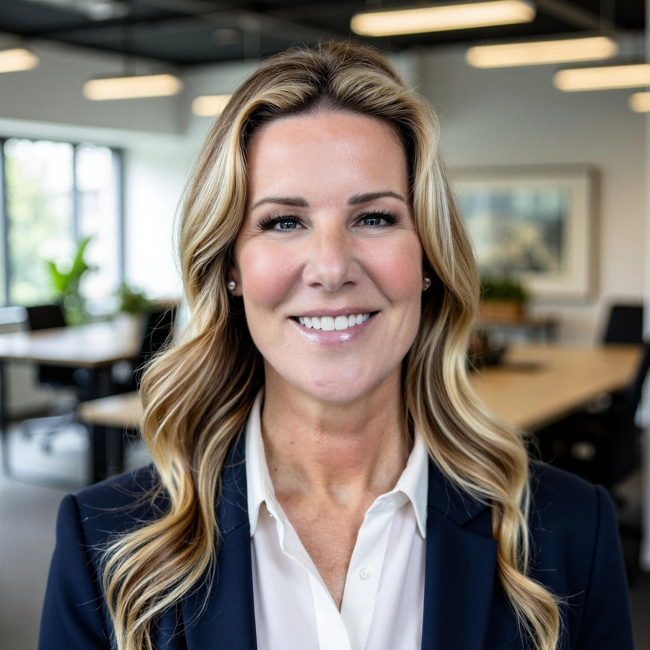 A woman with blonde hair and a bright smile, wearing a navy blazer and white blouse, in a modern office setting.
