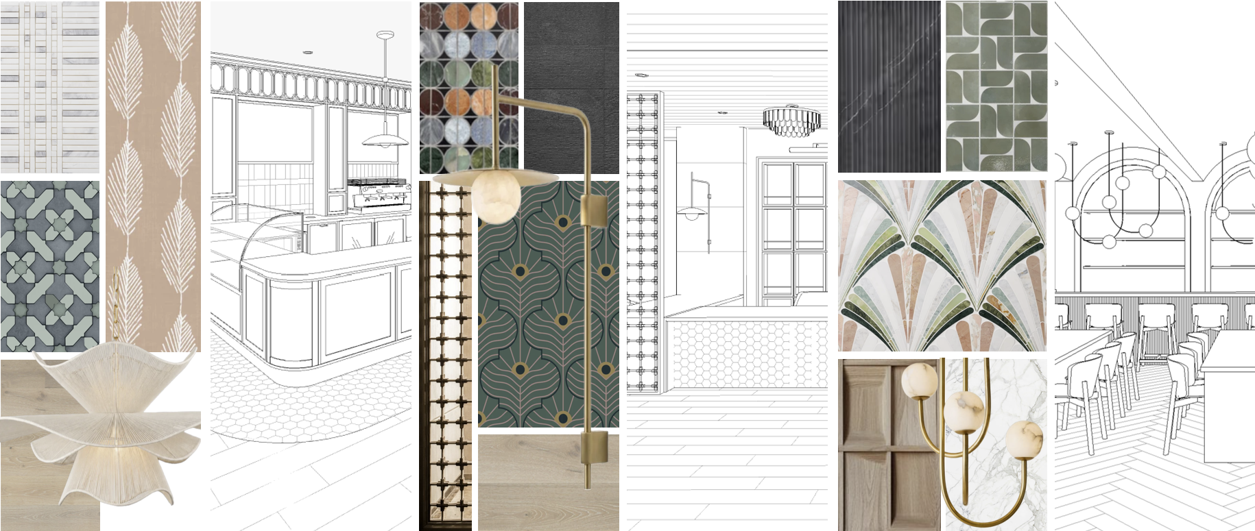 COMMERCIAL INTERIOR DESIGN CONCEPT IMAGES INCLUDING MATERIALS LIGHTING AND 3D SKETCHES